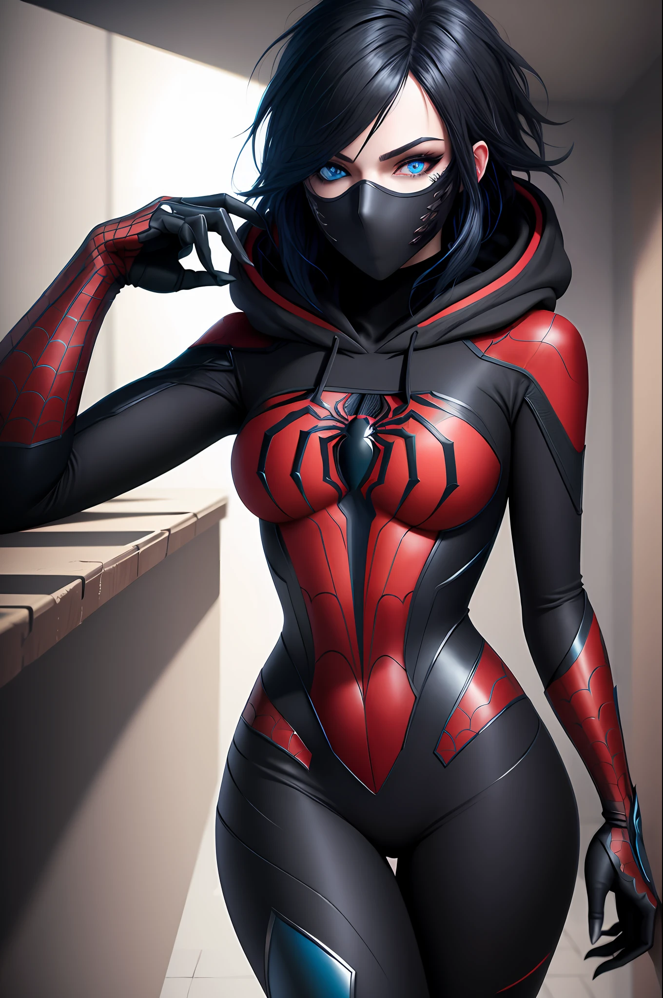 (((Masterpiece))), best quality, ultra-detailed CG unity 8k wallpaper, (1person:1.3), woman, black emo scene hair, blue eyes, hoodie, black and red full body masked spider man suit
