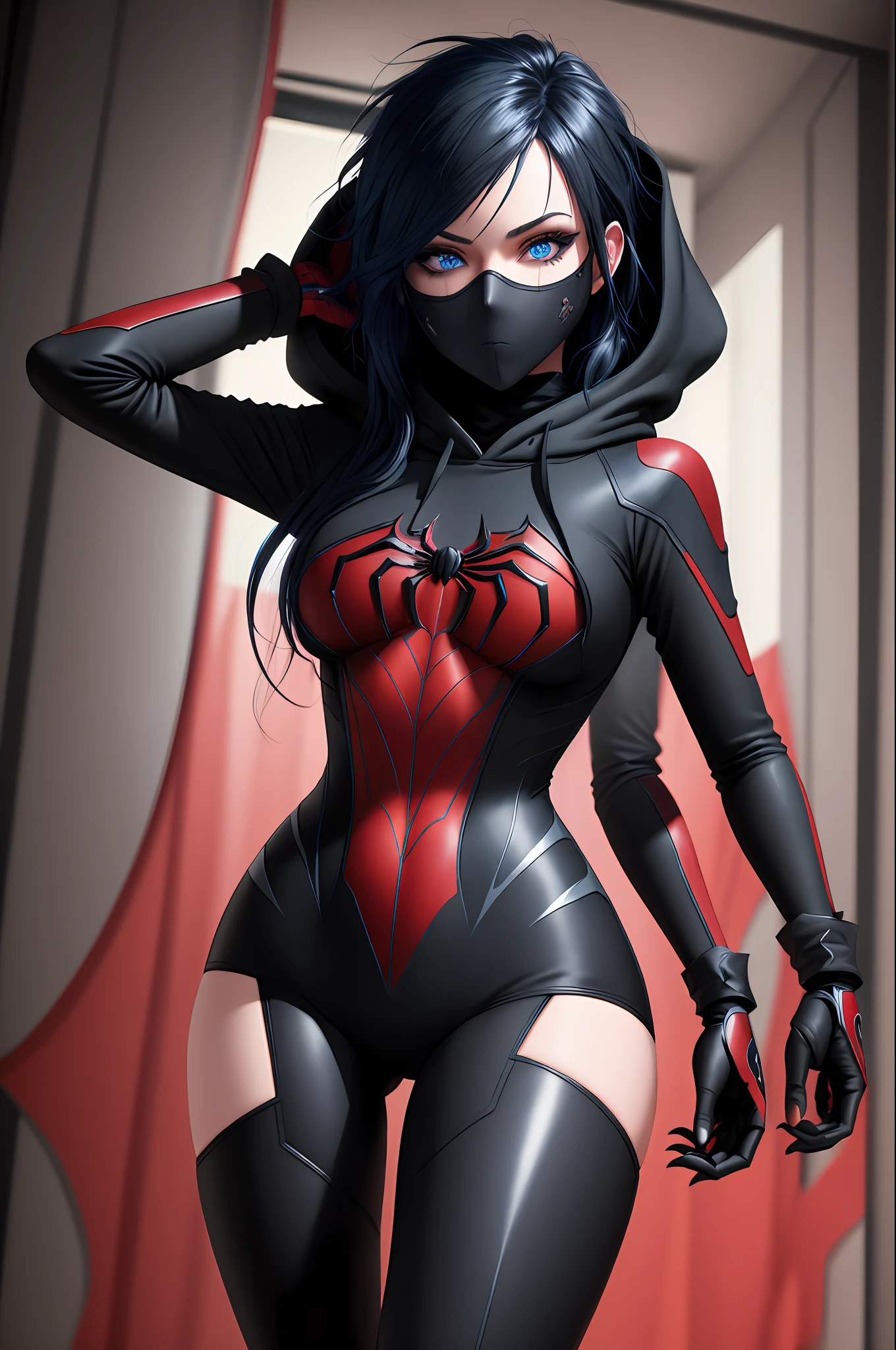 (((Masterpiece))), best quality, ultra-detailed CG unity 8k wallpaper, (1person:1.3), woman, black emo scene hair, blue eyes, hoodie, black and red full body masked spider man suit
