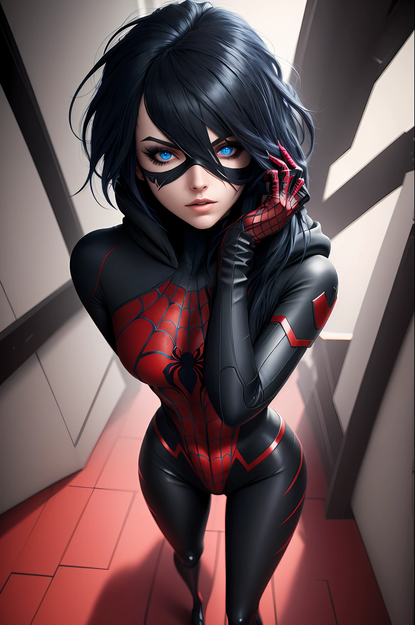 (((Masterpiece))), best quality, ultra-detailed CG unity 8k wallpaper, (1person:1.3), woman, black emo scene hair, blue eyes, hoodie, black and red full body masked spider man suit