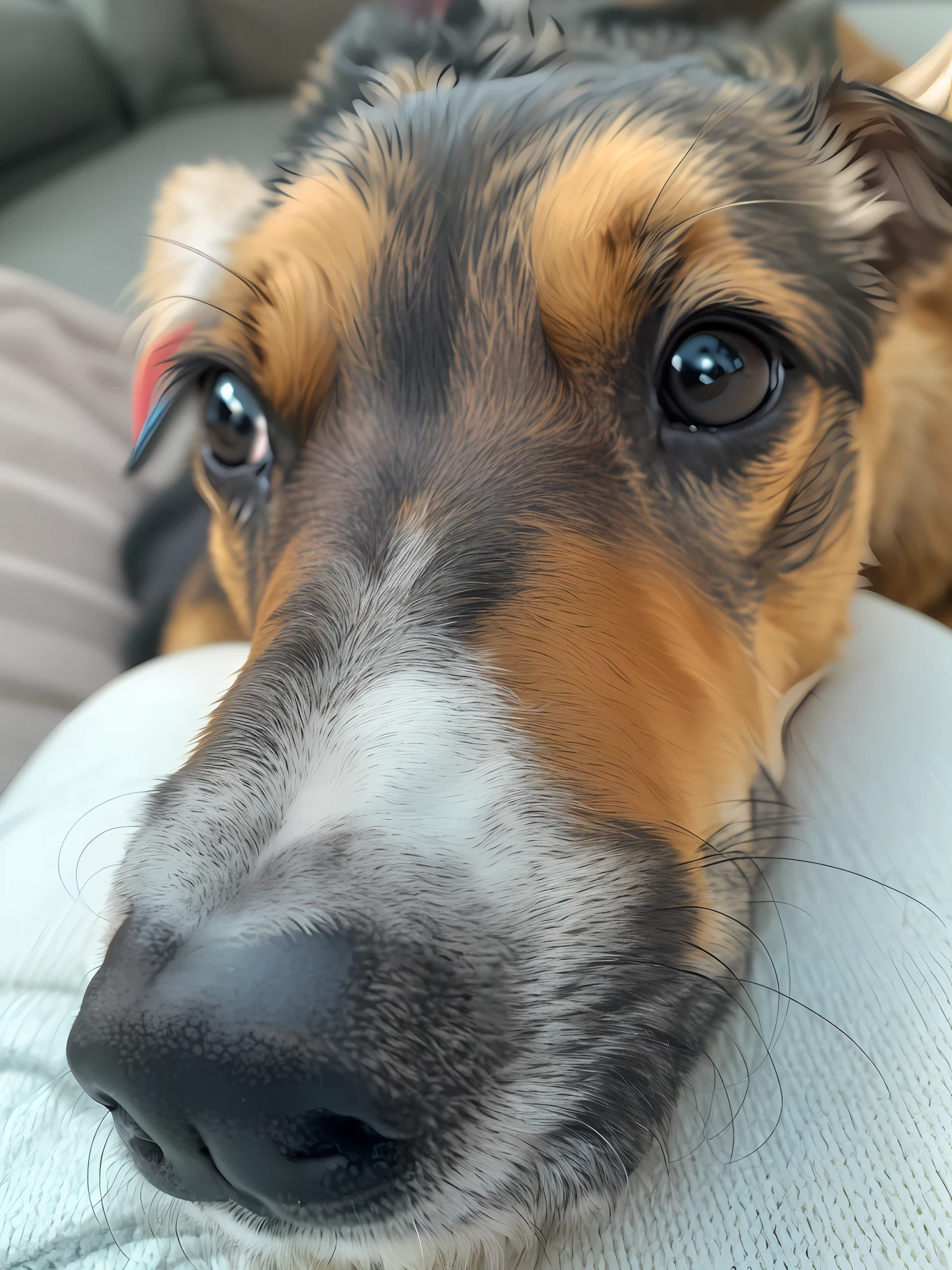there is a dog that is laying down on a couch, small upturned nose, closeup at the face, smaller nose, slightly larger nose, wide nose!!!, looking up at the camera, with small nose, small nose with freckles, upturned nose, looking up at camera, up close picture, cute nose, closeup of the face, wide nose