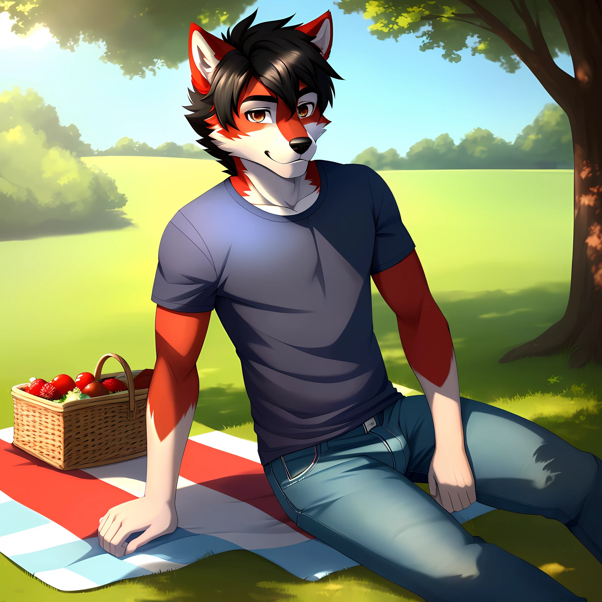(Best quality: 1), (Super high resolution: 1), antrum, male wolf with red fur, short black hair, brown eyes, blue T-shirt and tight blue pants in the park, sitting on a picnic towel, soft lighting, solo, alone, no group, no double, small bulge