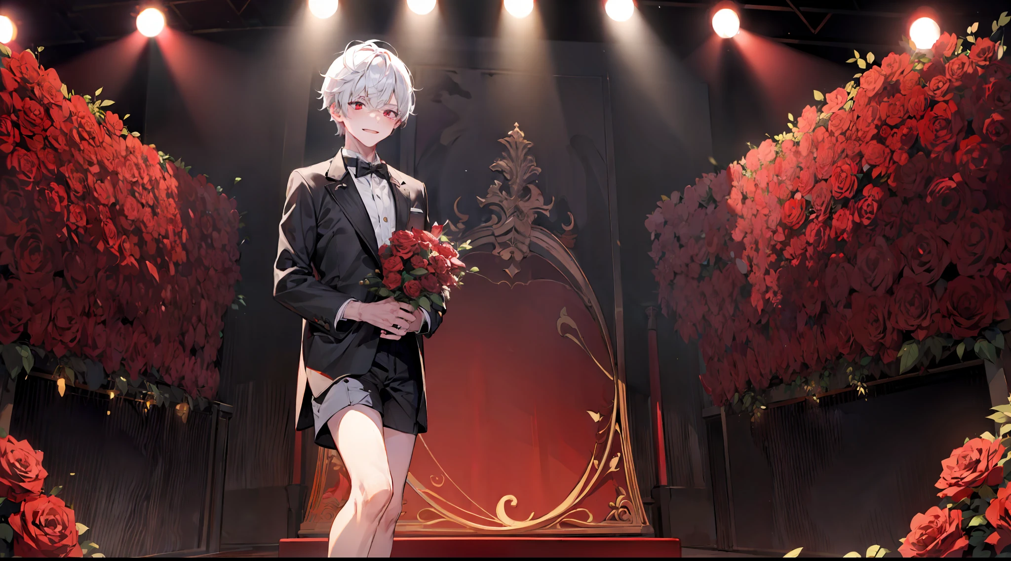 ((masterpiece)),(((best quality))), (high-quality, breathtaking),(expressive eyes, perfect face), short, young boy, short white hair, red eyes, smiling, black idol outfit, wear short shorts, shine, glow, red roses, on stage, singing