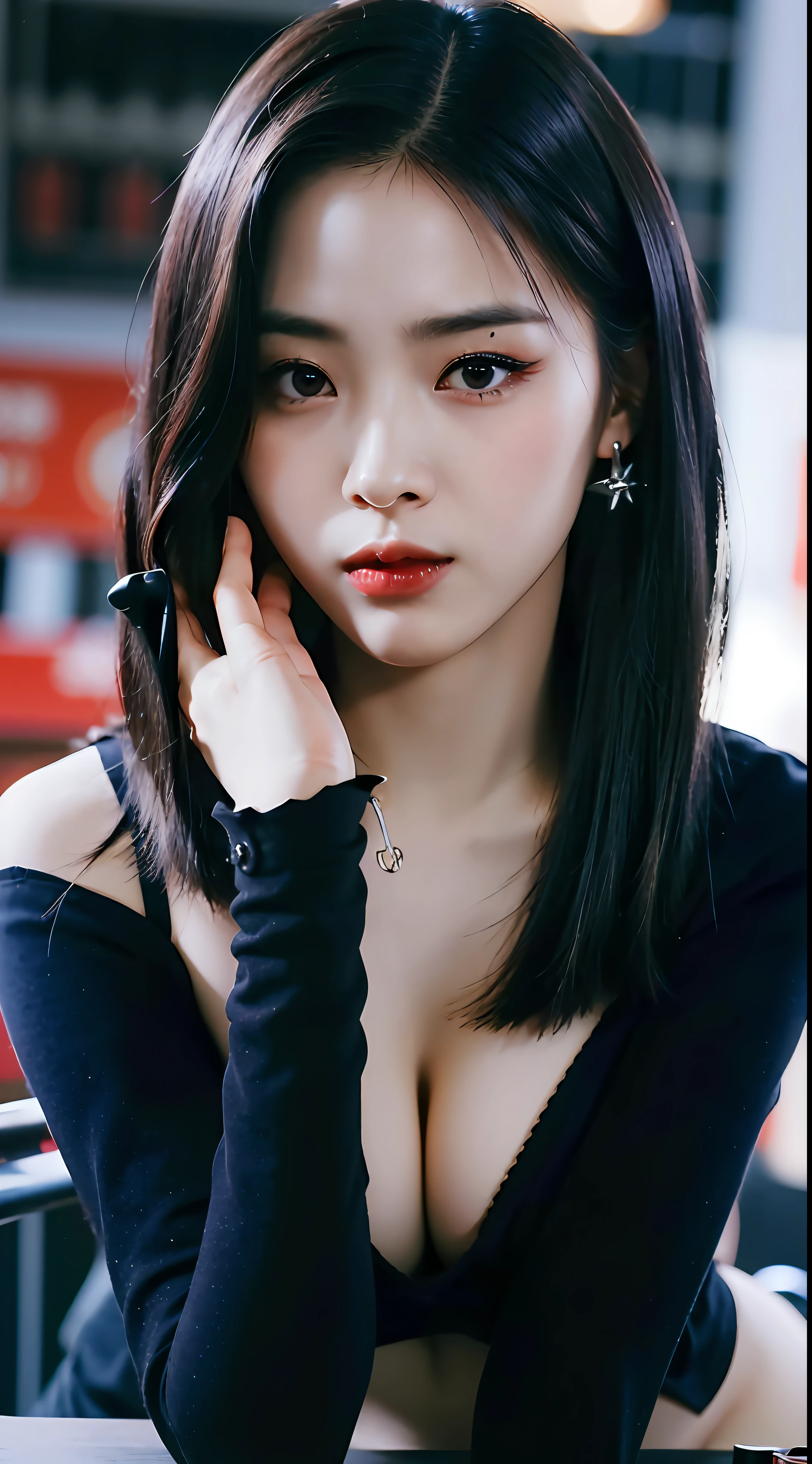 NSFW,(8k, RAW photos,Best quality, High Resolution:1.1), (Hyper-Realistic:1.4),(Realistic, Photorealistic:1.3), Soft Light,Realistic Face,Realistic Body,Realistic Skin,Absurdity,Masterpiece,(Cute:1.8),(Black Hairlong,Half Up,Hairpin),(Big:1.2),(Very Dark Lip Gloss,Pitch Black Lipstick, so many eyelashes,pitch black eyeshadow),teardrops,double teeth,open lips,provocative expression,blusher,good style,(unbuttoned shirt:1.1),cinema light,film grain,closeup,look viewer,full body,depth of field,blurred background,eye focus,young,85mm lens, f/1.4,professional lighting,portrait,photon mapping, radiosity, physically based rendering, transparency, Japan girls, night, black see-through and very small bra, crotch open, are big and about to spill out of bra, see-through underwear, (beautiful nipple slip: 0.9),squat