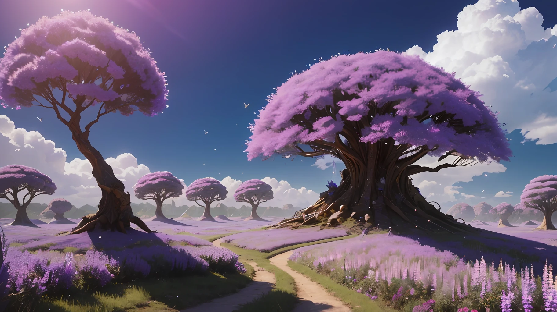 Incredible and spectacular scenes, ((high quality)), ((detailed)), ((fantasy)), "purple plasma brain, purple plasma body, realistic, best quality, 4K, anthill with flowers and insects trapped in blisters at the top realistic, (handsome ager and beautiful maiden hugging)", picture quality (3D rendering effect) , exquisite details,