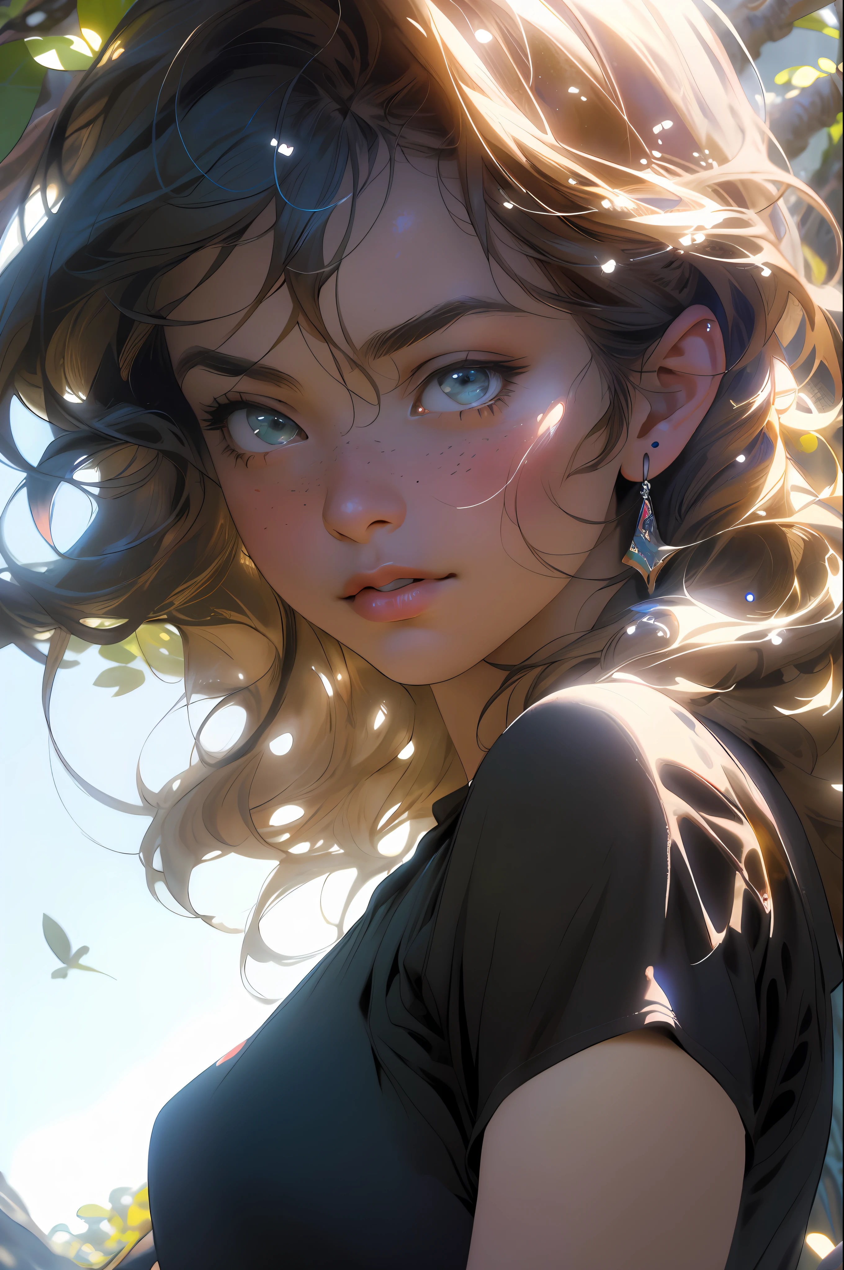 (RAW photo, best quality), (realistic, photo-realistic:1.3),best quality,highly detailed,masterpiece,ultra-detailed,illustration,1girl,upper_body,dynamic angle,world masterpiece theater,messy_long_hair,best quality,extremely detailed CG unity 8k wallpaper,ink,Amazing,cinematic lighting,lens_flare, dunhuang_style
