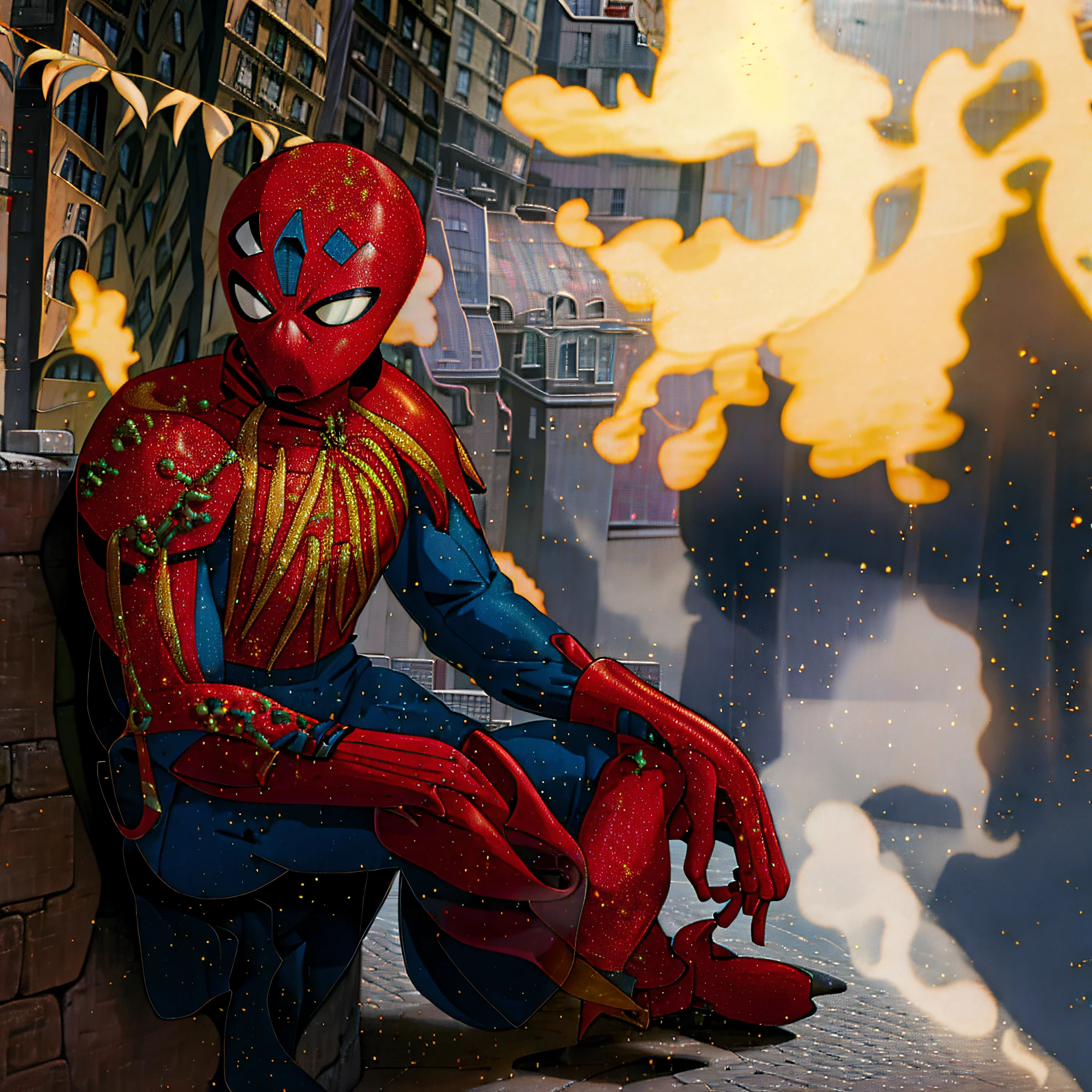 Jeepley style, Spider-Man, sitting on the sidewalk of the city, Marvel characters, city, daytime, close-up portrait