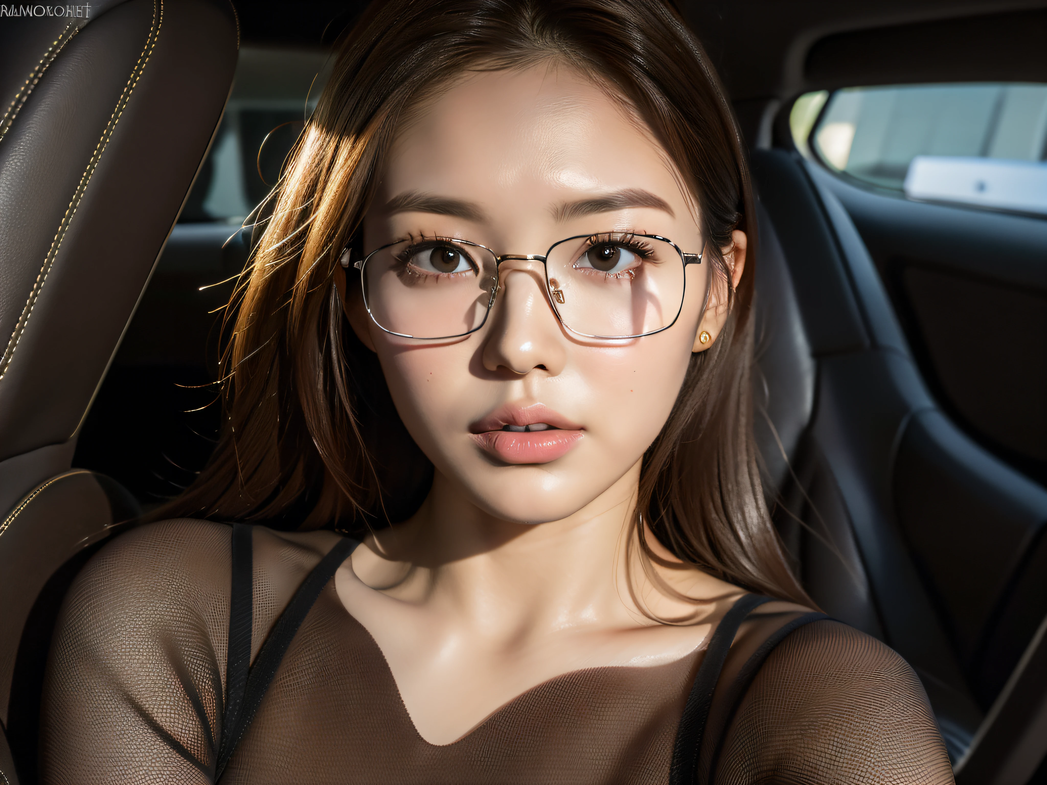 8K, RAW photo, high quality, realistic, professional lighting, face lighting, full body photo, 25 years old woman, brown hair, brown eyes, small head, perfect boob shape, beautiful eyes, real face, real skin, textured skin, erotic, pantyhose, lying on the back seat of the car, tease, square glasses