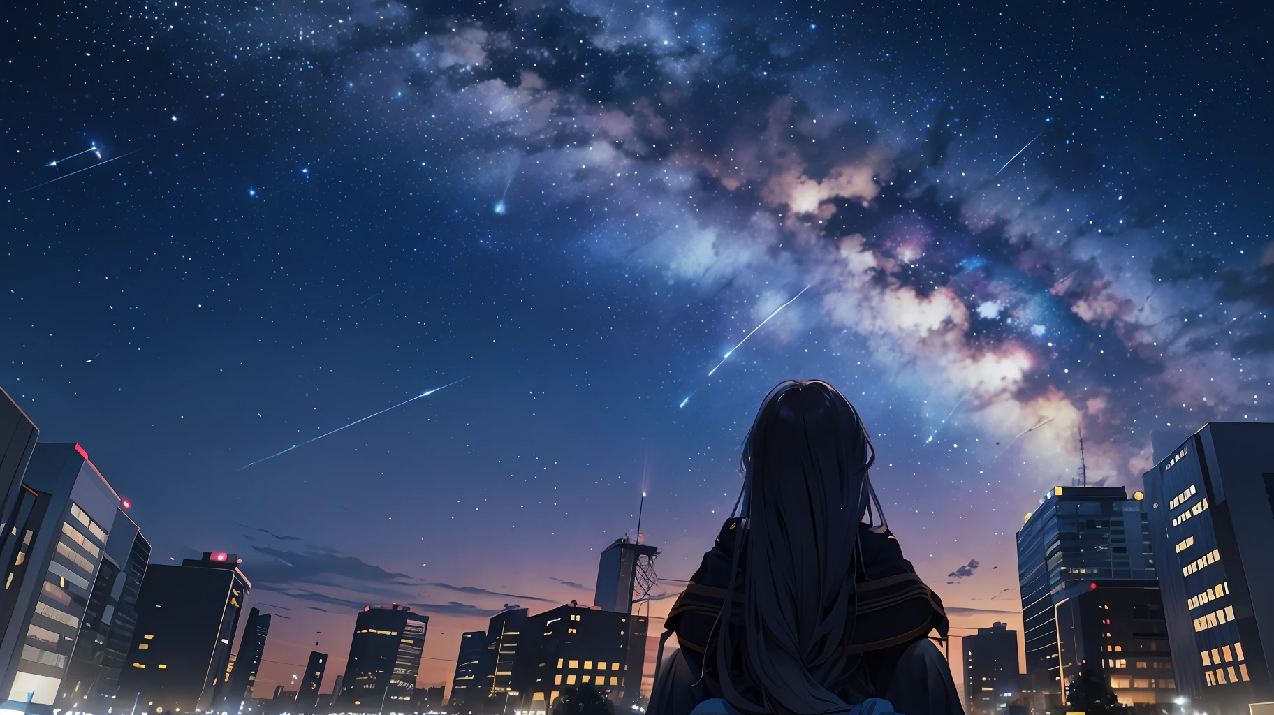 octans, sky, star (sky), scenery, starry sky, night, 1girl, night sky, solo, outdoors, building, cloud, milky way, sitting, tree, long hair, city, silhouette, cityscape --auto --s2