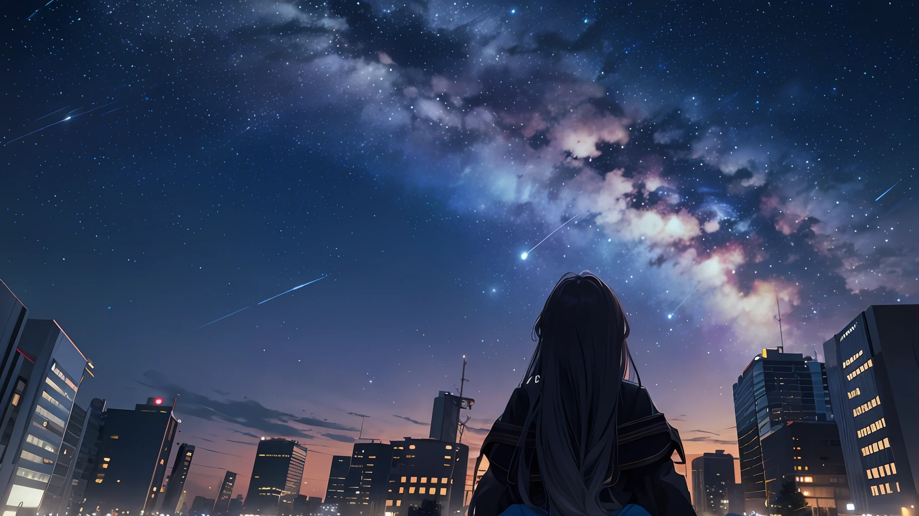 octans, sky, star (sky), scenery, starry sky, night, 1girl, night sky, solo, outdoors, building, cloud, milky way, sitting, tree, long hair, city, silhouette, cityscape --auto --s2
