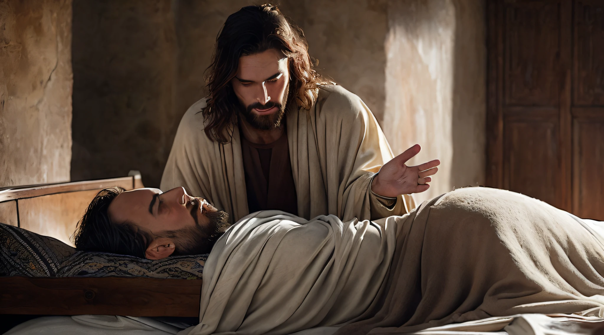 Jesus Christ, healing a leper in his bed, 8k, RAW photo, best quality, masterpiece: 1.5, ultra high resolution, photorealistic: 1.5, cinematic light, soft volumetric lighting: 1.5, realistic, photorealistic: 1, detailed skin, professional lighting, photography, sharp focus, detailed, professional lighting, photon mapping, detailed and intricate environment, highly detailed, best quality, artistic photography, photorealistic concept art, volumetric natural soft light perfect cinematic, MIDJOURNEY