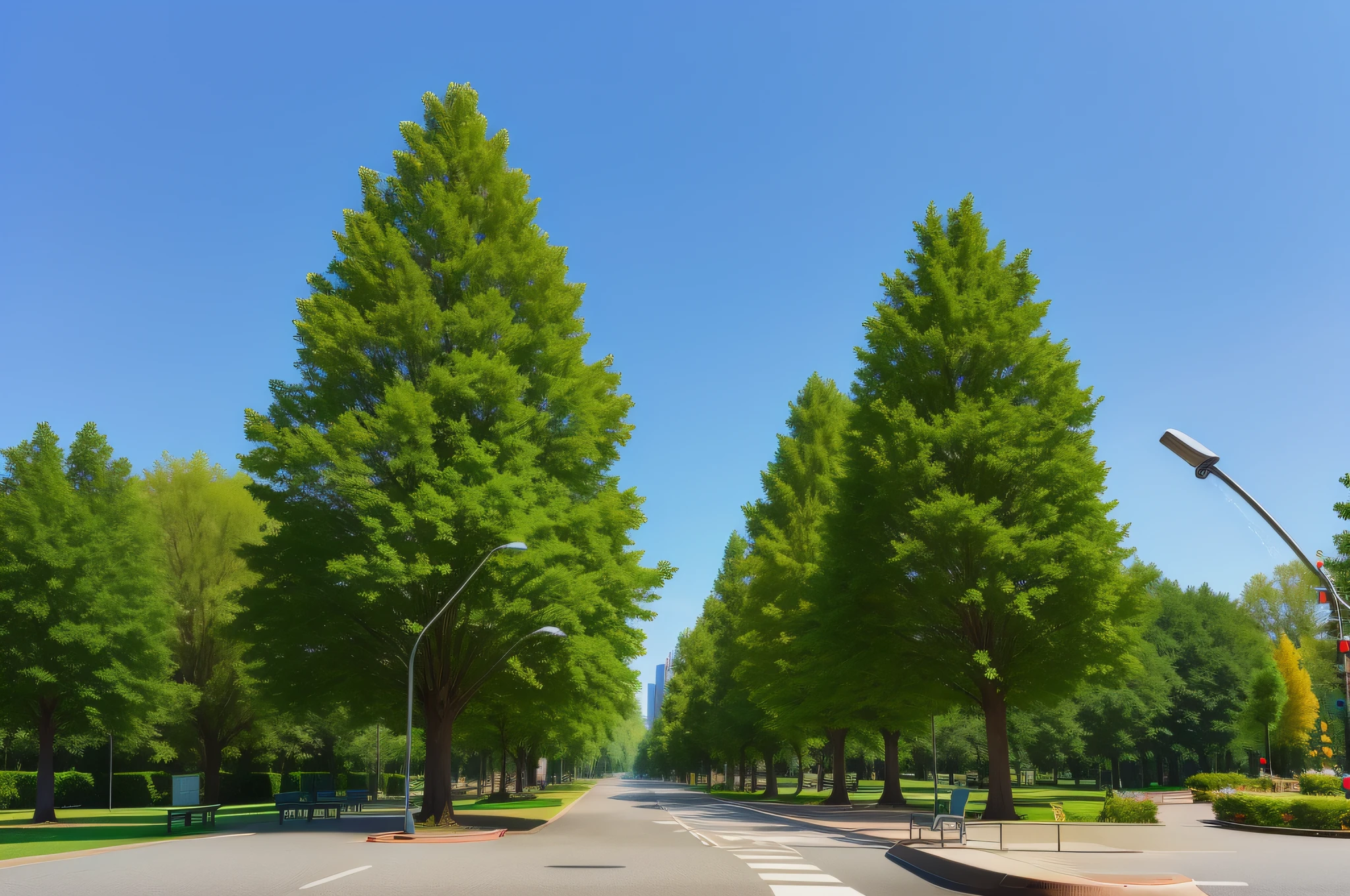 trees line the road in a park with a bench and a water fountain, big green trees, linden trees, maple trees along street, green trees, park on a bright sunny day, large trees, trees outside, lots of trees, sunny day in a park, park landscape, lot of trees, many trees, the city is full of green plants