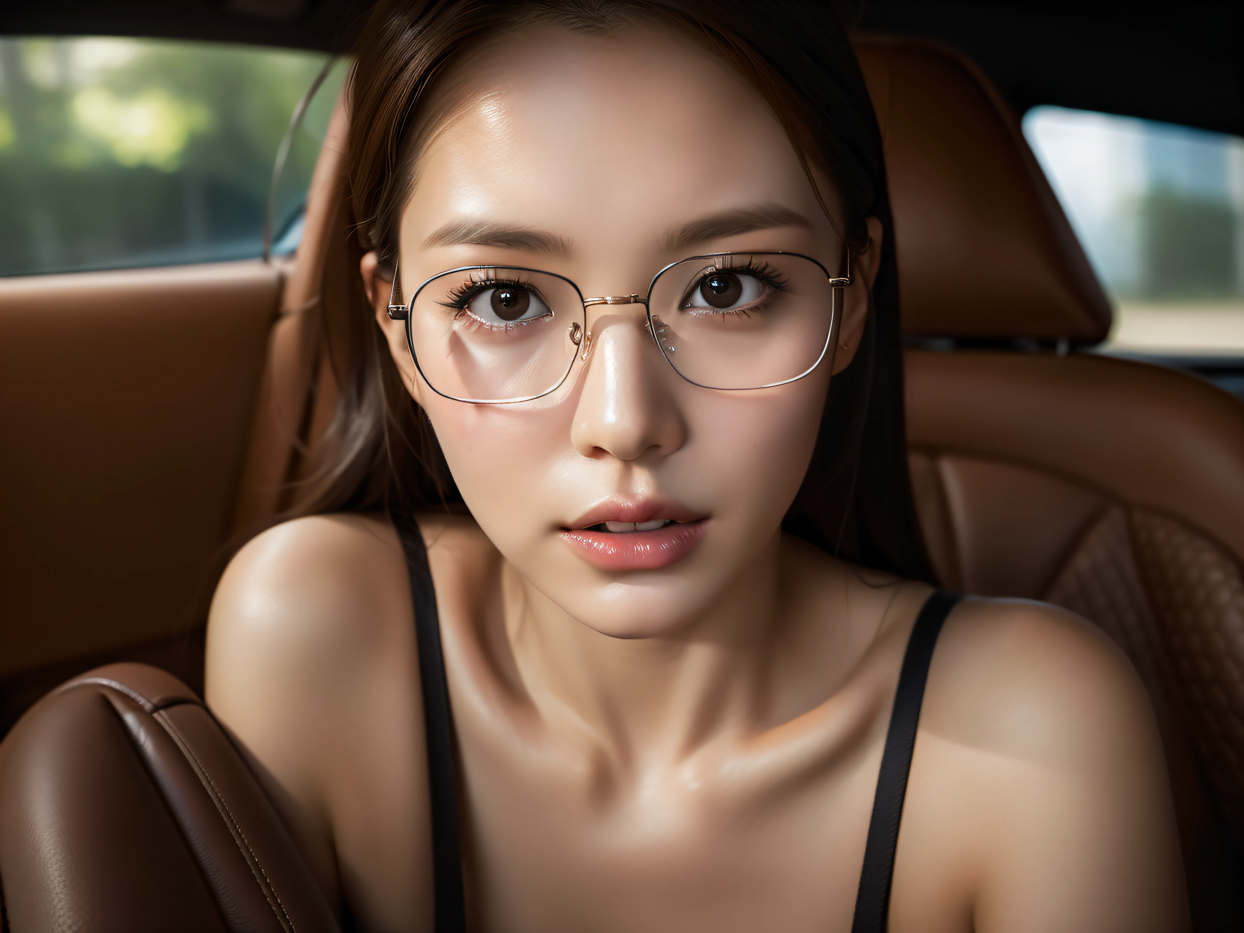 8K, RAW photo, high quality, realistic, professional lighting, face lighting, full body photo, 25 years old woman, brown hair, brown eyes, small head, perfect boob shape, beautiful eyes, real face, real skin, textured skin, erotic, pantyhose, lying on the back seat of the car, tease, square glasses