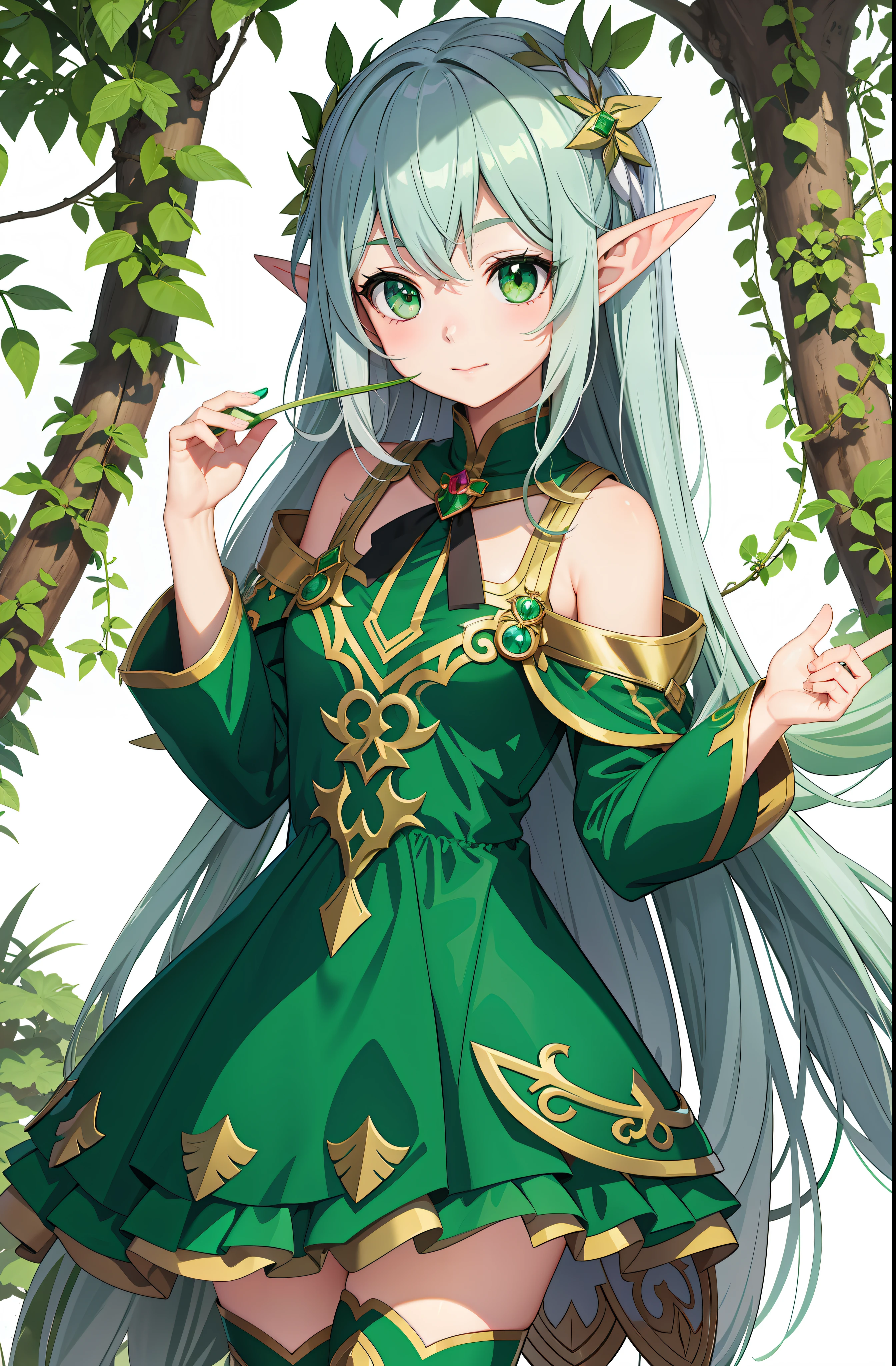 Anime girl with green eyes, elf girl, official character art, shadow universe style, elf girl in flower clothes, art style of Rune Factory 5, official art, goblin queen of summer forest, druid, she has elf ears and green eyes, high detail official artwork, official character illustration, colored line art