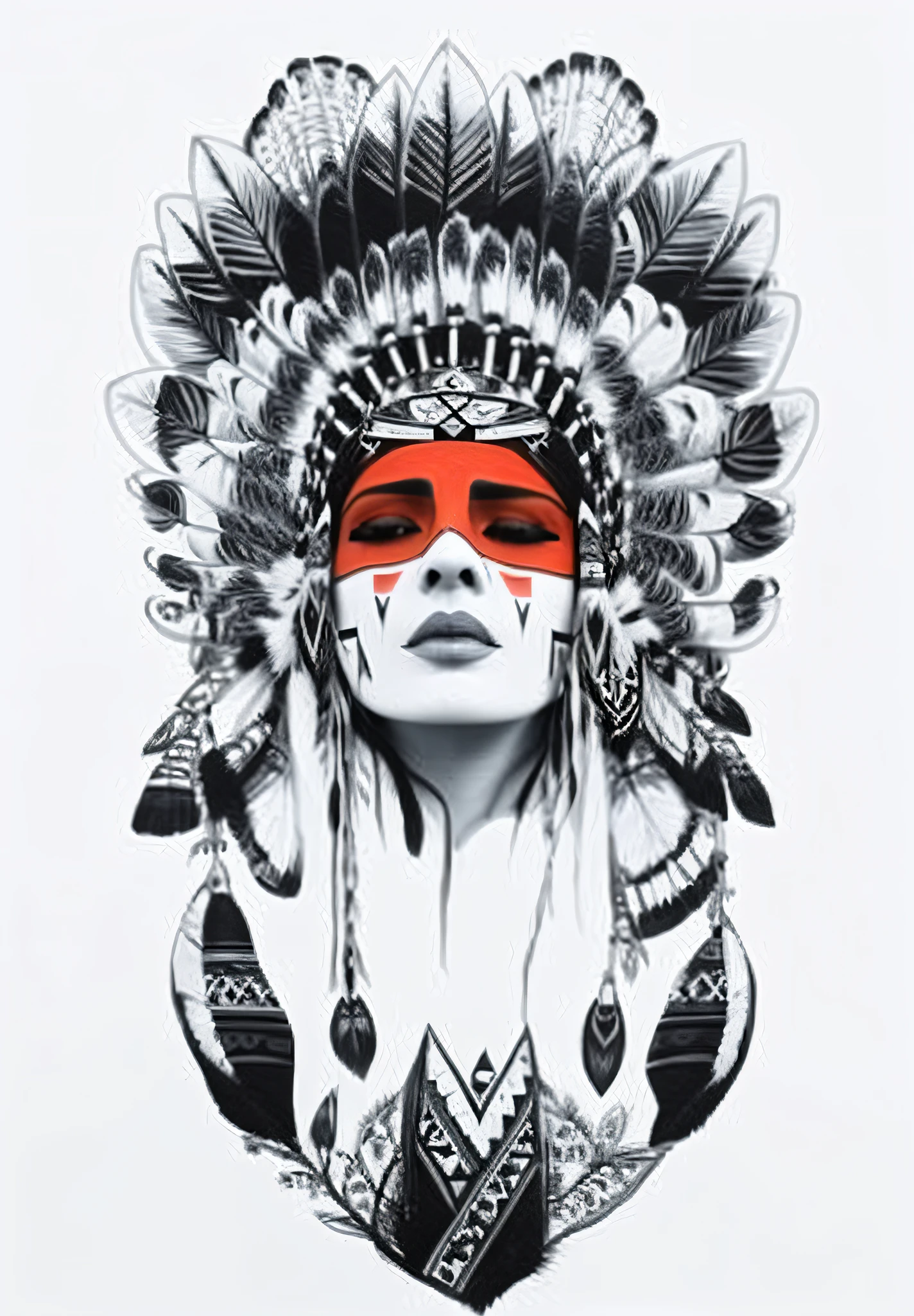 a close up of a person with a face painted on a white background, : native american shamen fantasy, centered headdress, tribal red atmosphere, gorgeous art, headdress, ink artwork, warrior face painting red, stunning artwork, ornate headdress, extremely high quality artwork, art deco shaman, indian ink, native american art, bold intricate ink illustration