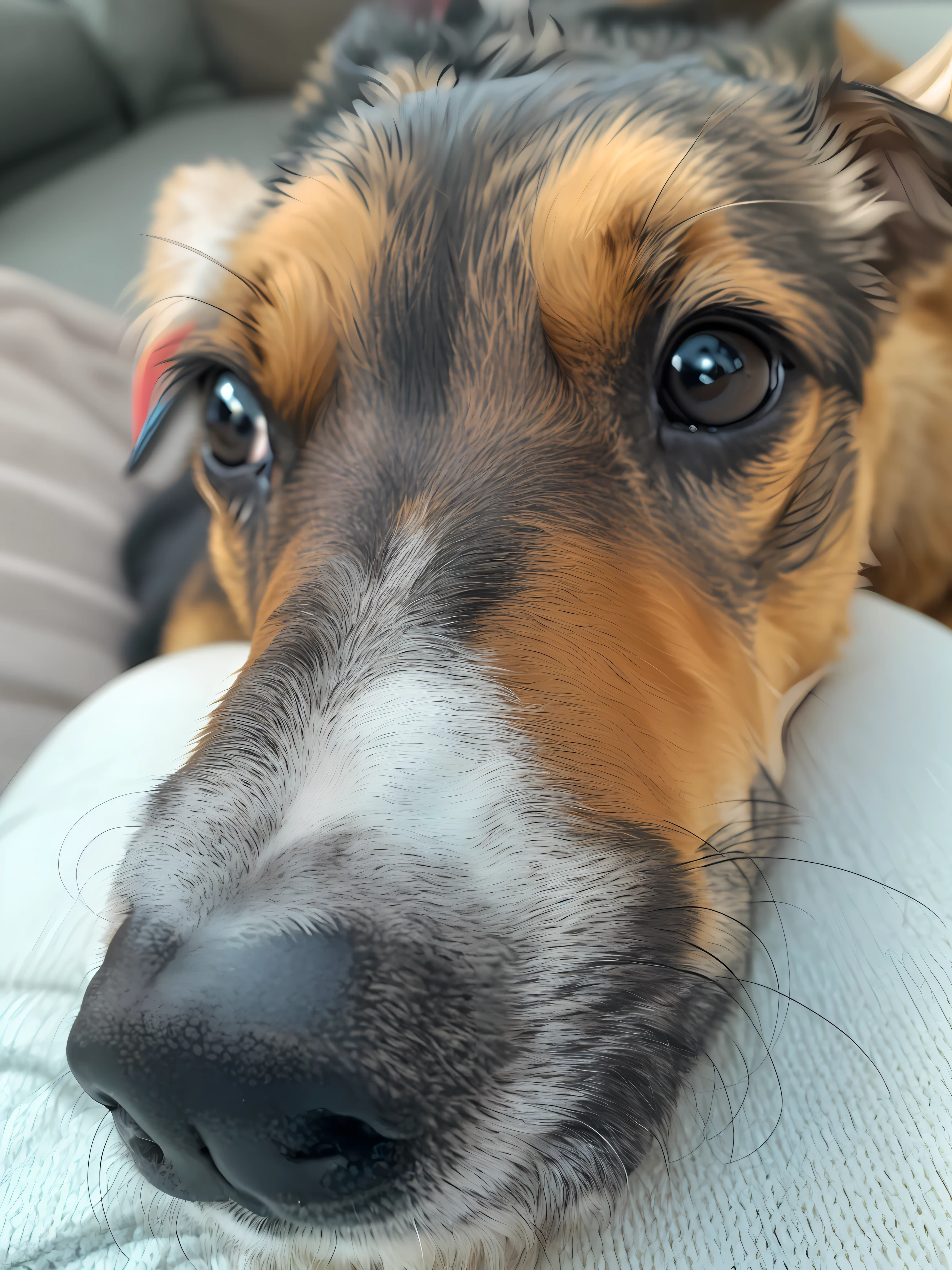 there is a dog that is laying down on a couch, small upturned nose, closeup at the face, smaller nose, slightly larger nose, wide nose!!!, looking up at the camera, with small nose, small nose with freckles, upturned nose, looking up at camera, up close picture, cute nose, closeup of the face, wide nose