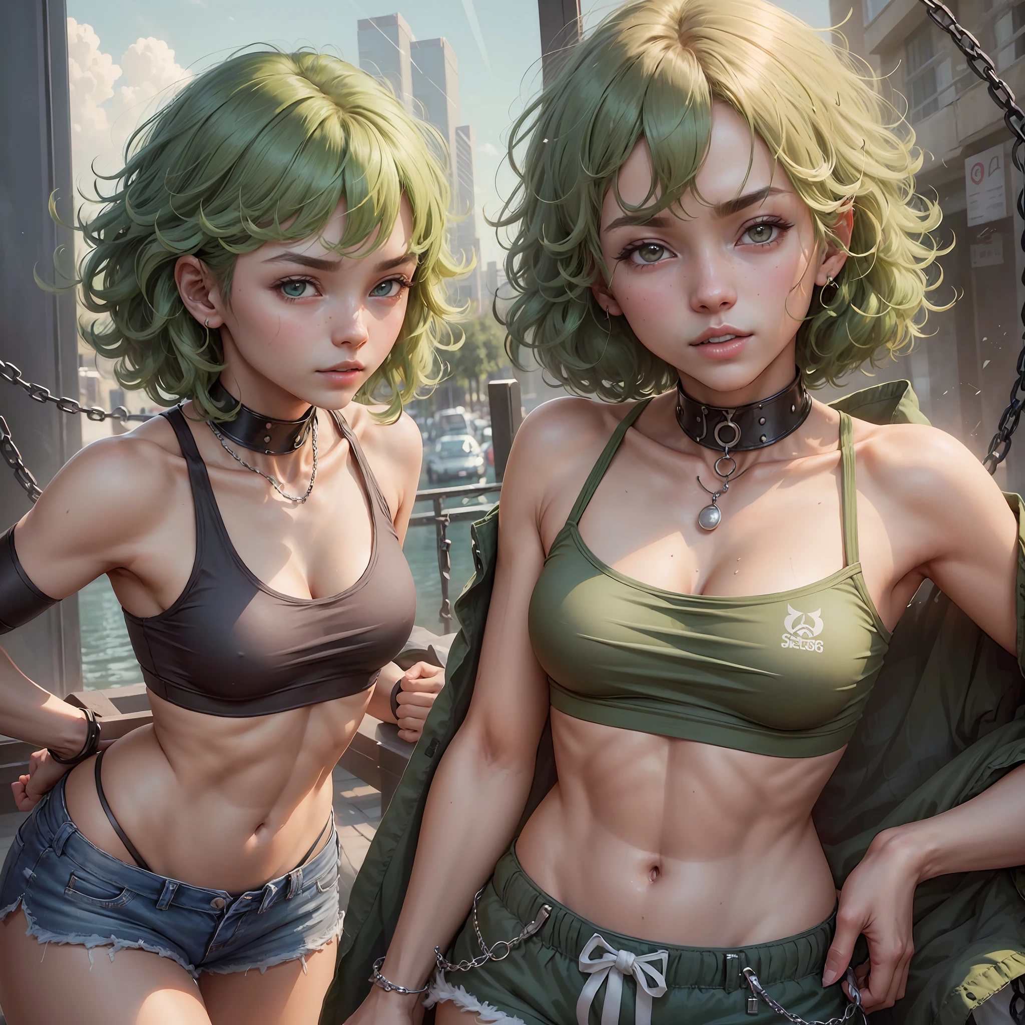 Tatsumaki, ((medium chest, tomboy, small head)), (cropped abdomen: 1.1), (perfect body: 1.1), (short wavy hair: 1.2), green hair, collar, chain, full body, workout, sweat, femboy, futa ((shorts)), (extremely detailed CG 8k wallpaper), (extremely delicate and beautiful), (masterpiece), (best quality: 1.0), (ultra high resolution: 1.0), beautiful lighting, perfect lighting, realistic shadows, [high resolution], detailed skin,  super detailed (((color))) --auto --s2