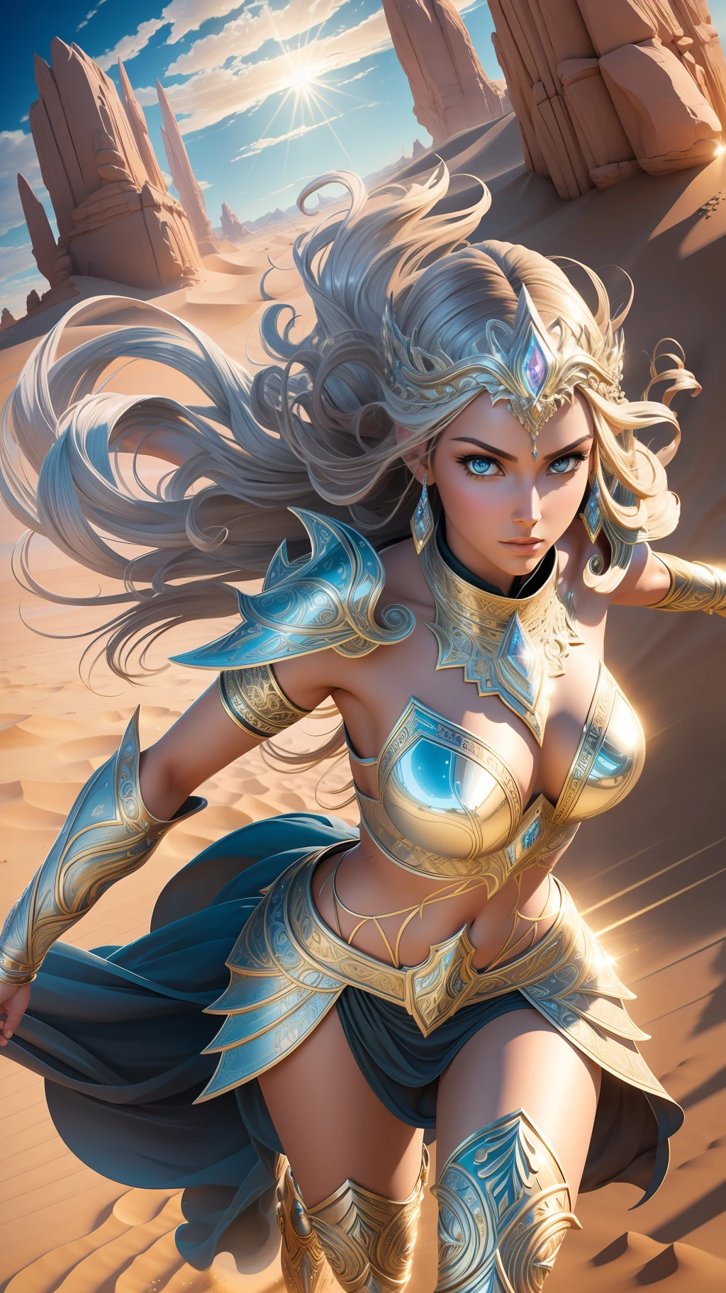 award winning concept art of tall (1girl:1.2) in silver shiny ornate armor running towards the viewer in desert, epic, god rays, centered, (masterpiece:1.2), (best quality:1.2), Amazing, highly detailed, beautiful, finely detail, warm soft color grading, Depth of field, extremely detailed 8k, fine art, stunning, iridescent, shiny, light reflections, crisp, curls, wind, flying sand, dynamic pose, hyper realism, vibrant, sunlit, edge detection
