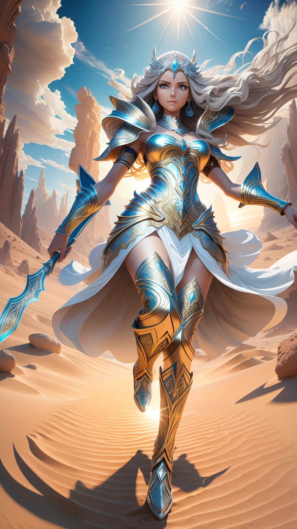 award winning concept art of tall (1girl:1.2) in silver shiny ornate armor running towards the viewer in desert, epic, god rays, centered, (masterpiece:1.2), (best quality:1.2), Amazing, highly detailed, beautiful, finely detail, warm soft color grading, Depth of field, extremely detailed 8k, fine art, stunning, iridescent, shiny, light reflections, crisp, curls, wind, flying sand, dynamic pose, hyper realism, vibrant, sunlit, edge detection