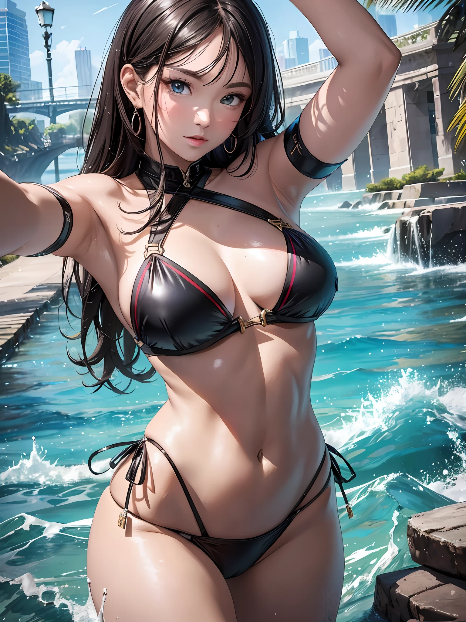 8k,masterpiece, bset quality,big, selfie, (3girl), shiny skin, shiny big, ((best quality)), bikini, colorful, group photo, clear focus: 1.2, highly detailed face and skin texture, detailed eyes,