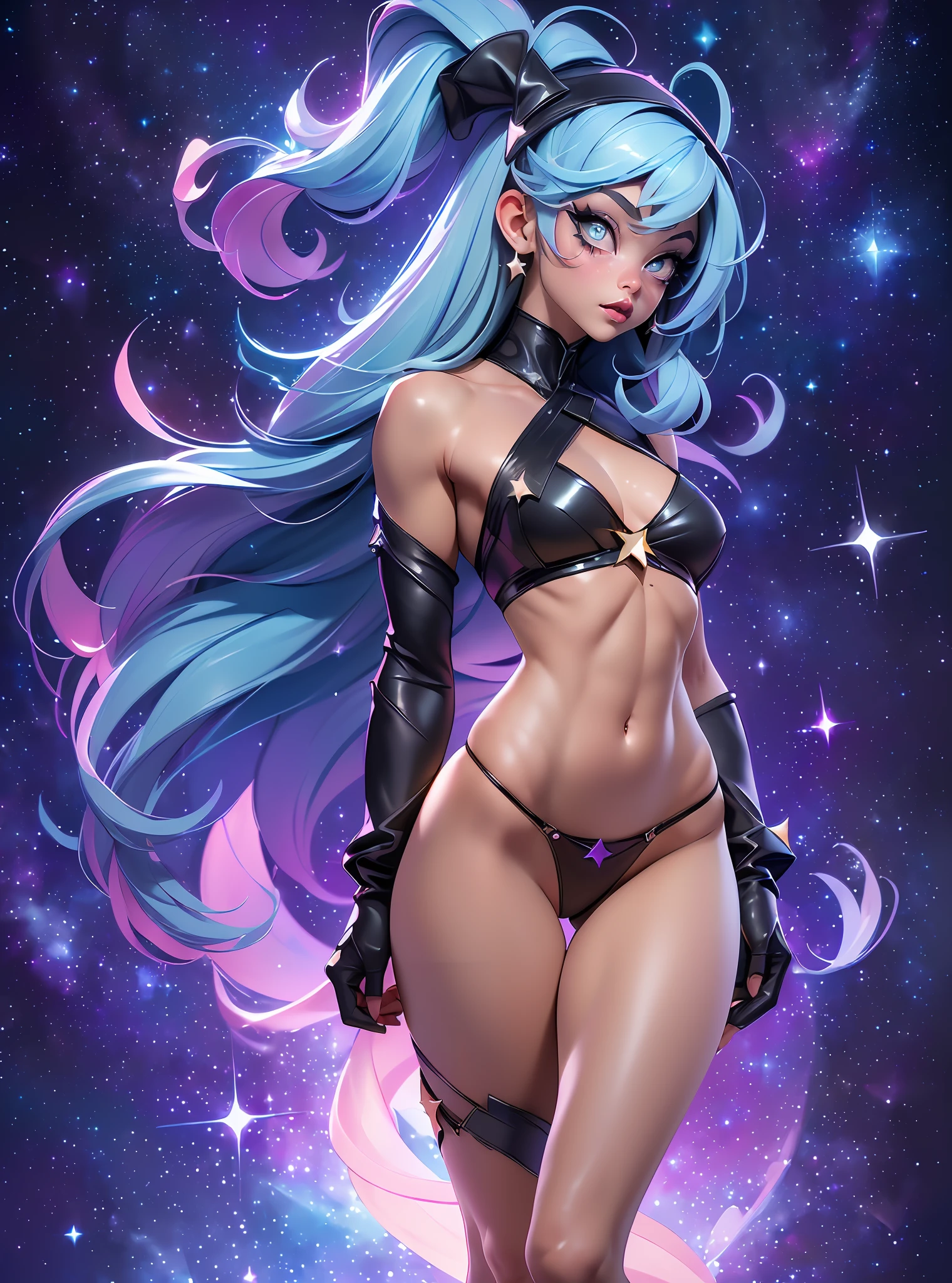 ((Best Quality)), ((Masterpiece)), ((Realistic)) and watercolor drawing of a frog-girl (full body) with goth colors. She has ((starlight hair)), wears a (small black micro-thong:star motif ) , ((beautiful and aesthetic)), muscular fit body abs, sexy, under-boobs, hot, (star filled sky background) (clear background:1.35), (particles ,firefly, blue glowing):1.3,