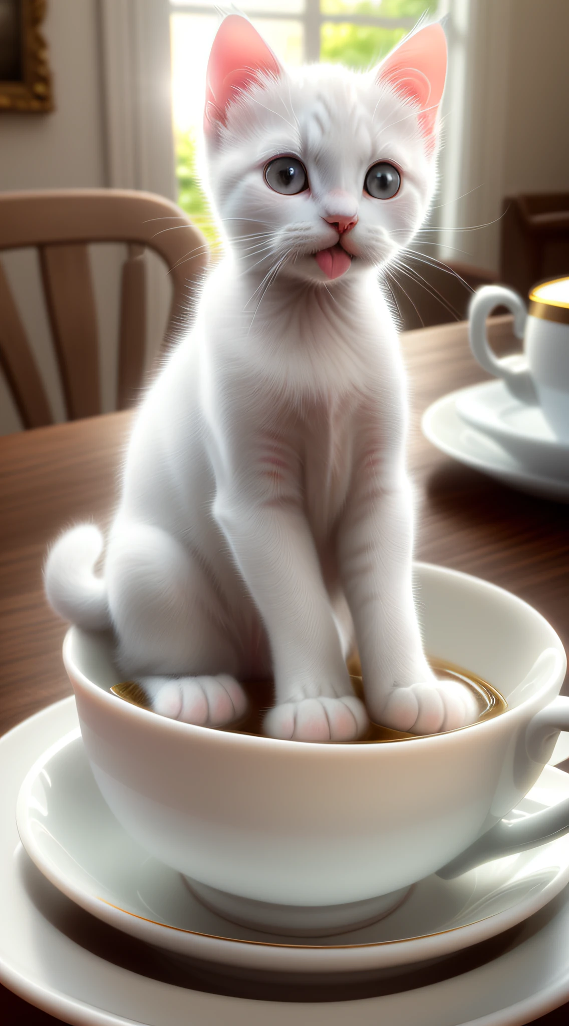 White kitten with a black spot on the head, on a cup of tea, Face out, Tongue out, Front paws out, 8k, Professional photo, delicate, clear, on the table, in the house, sun, light leak, masterpiece, (((((Beautiful))), Fashion tea cup, (Reality))))