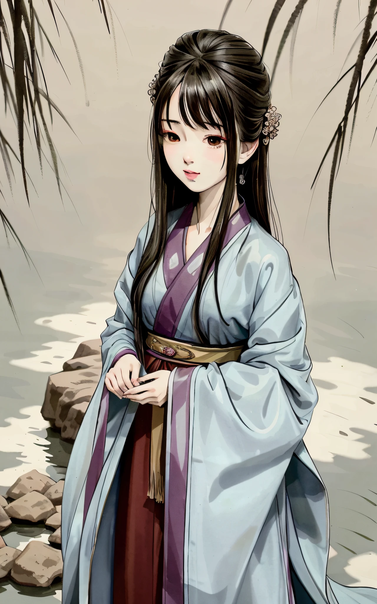 shukezouma, negative space, , shuimobysim , portrait of a woman standing , willow branches, (masterpiece, best quality:1.2), traditional chinese ink painting, modelshoot style, peaceful, (smile), looking at viewer, wearing long hanfu, hanfu, song, willow tree in background, wuchangshuo,
