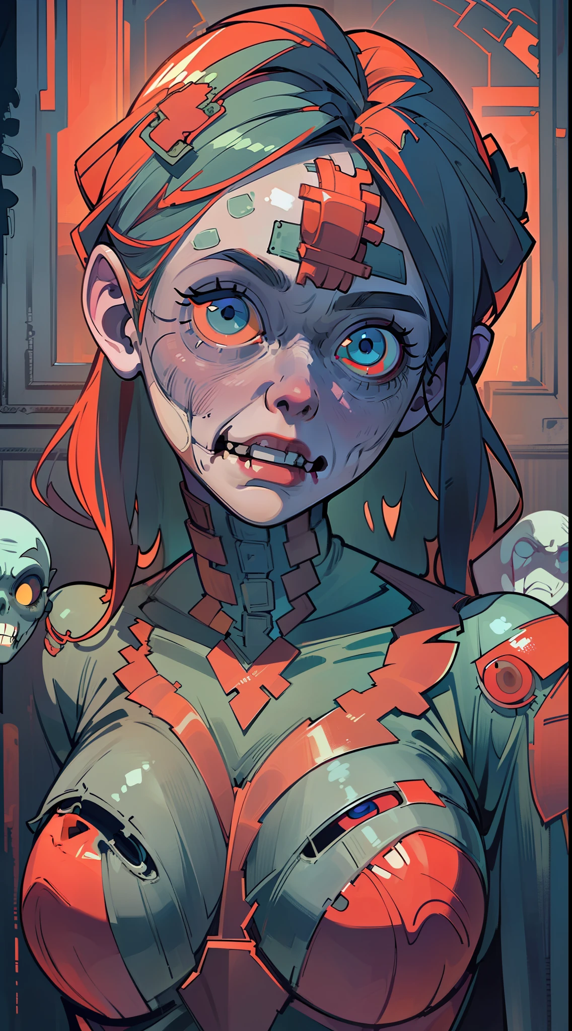 (8k wallpaper with extremely detailed CG unit, masterpiece, best quality, ultra-detailed), (best lighting, best shadow), (a perfect and symmetrical face of (((a zombie woman, decaying skin))), with eyes that reflect the beauty of the world), attractive, floating, high resolution, dynamic angle, dynamic pose, graveyard background, eerie and creepy night.