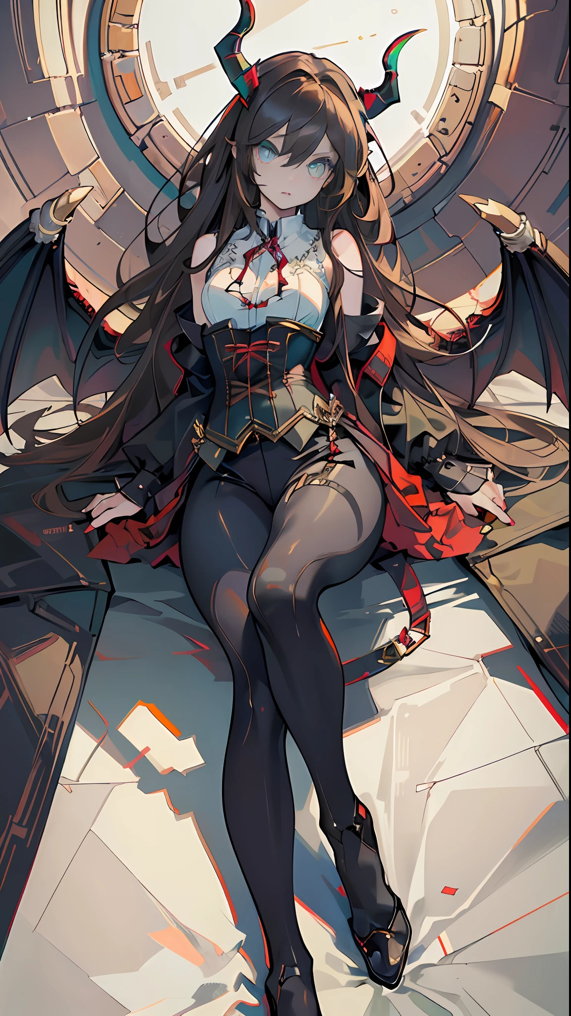 (((Perfect eyes))), ((Perfect limbs))), ((Perfect feature))),Realistic masterpiece of a demon girl with long brown hair ,  a corset, horns, black wings, cat eyes, and perfect green eyes in a dark environment.