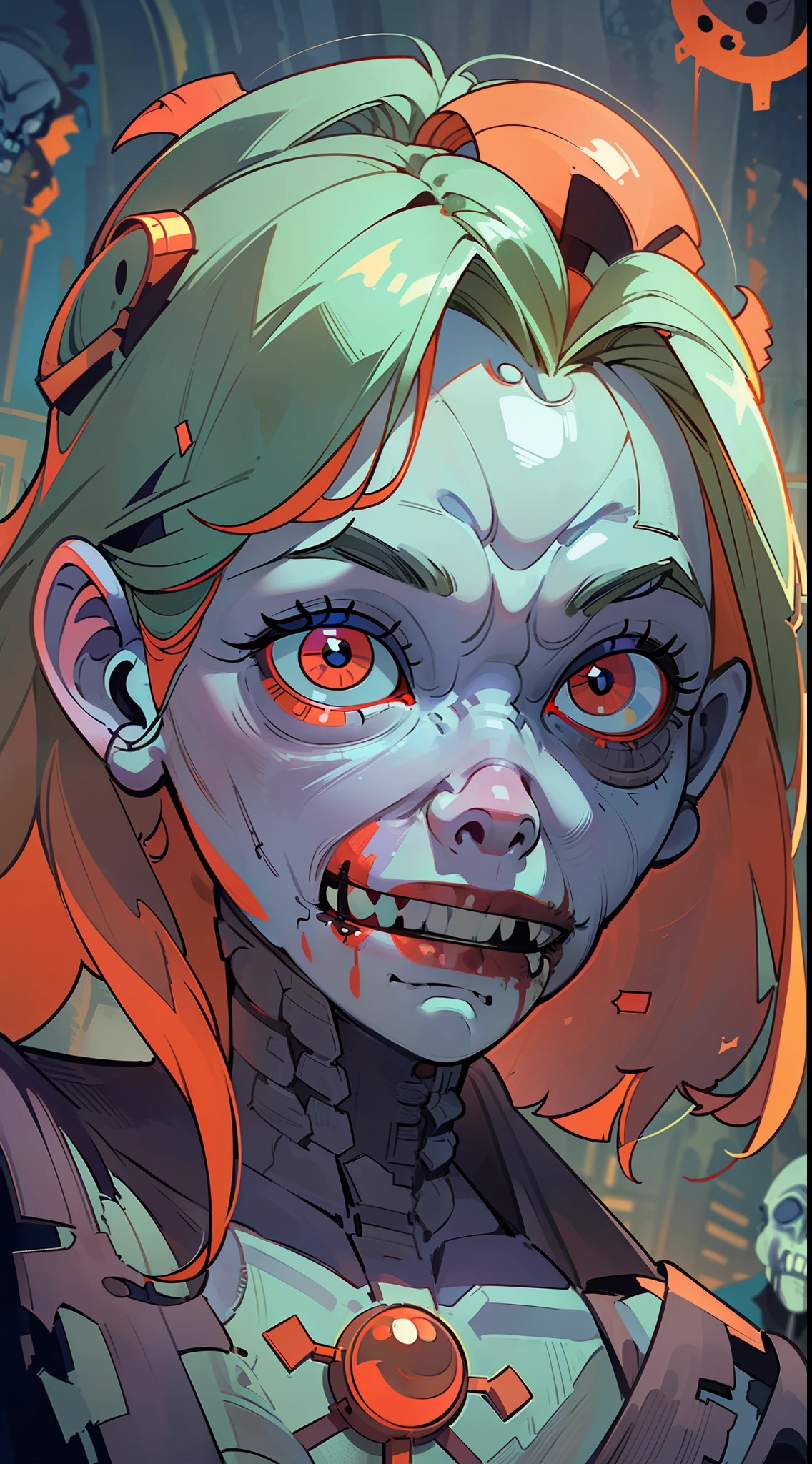(8k wallpaper with extremely detailed CG unit, masterpiece, best quality, ultra-detailed), (best lighting, best shadow), (a perfect and symmetrical face of (((a zombie woman, decaying skin))), with eyes that reflect the beauty of the world), attractive, floating, high resolution, dynamic angle, dynamic pose, graveyard background, eerie and creepy night.
