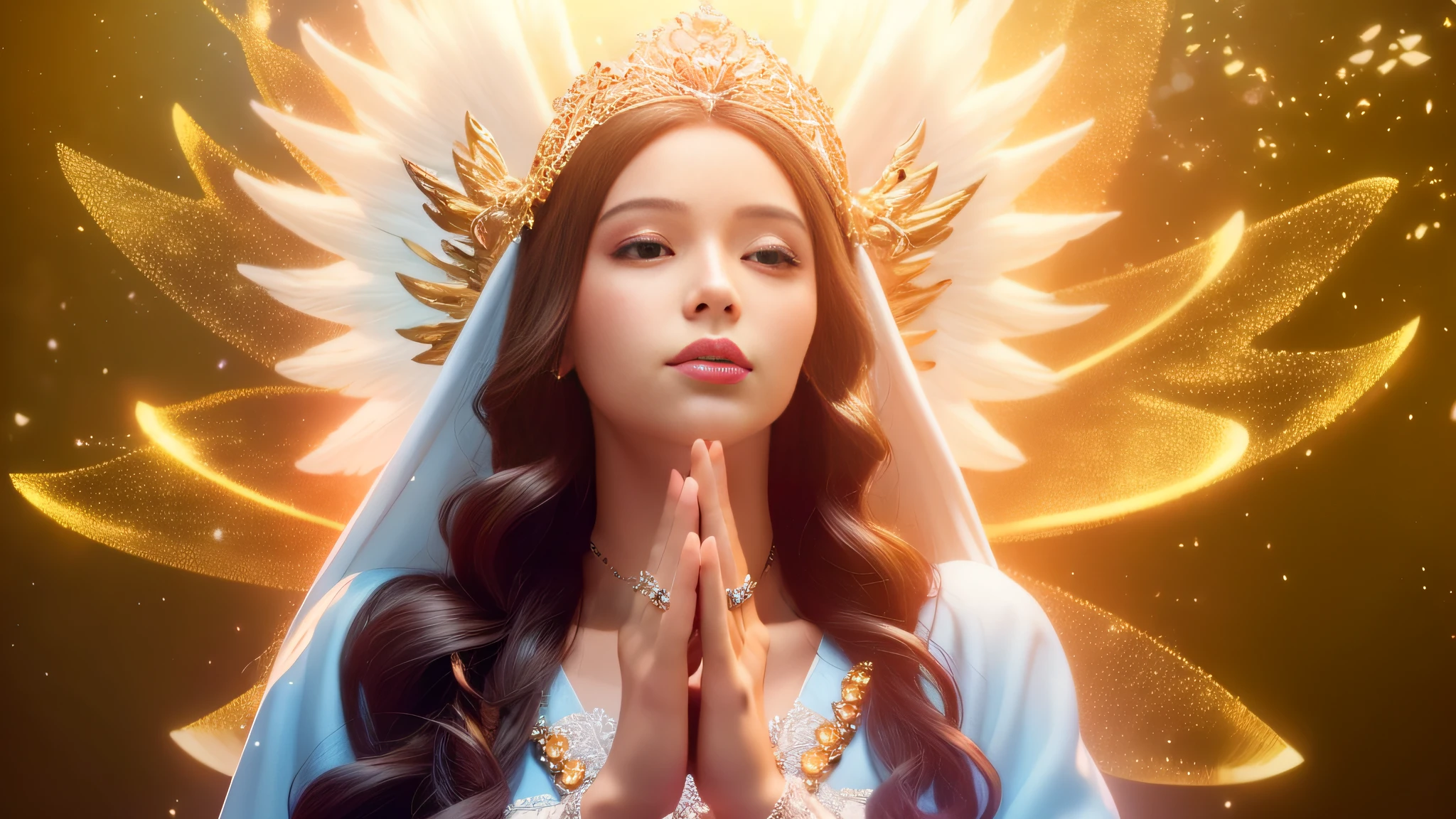 A woman with a crown and wings is praying, black hair, majestic holy woman, queen of heaven, beautiful goddess, angelic being ethereal of light, goddess of light, divine goddess, portrait of a beautiful angel, 3d portrait goddess, an impressive portrait of a goddess, beautiful angel, brilliant angelic being, goddess of love and peace, beautiful angel,  angelic halo, beautiful female angel