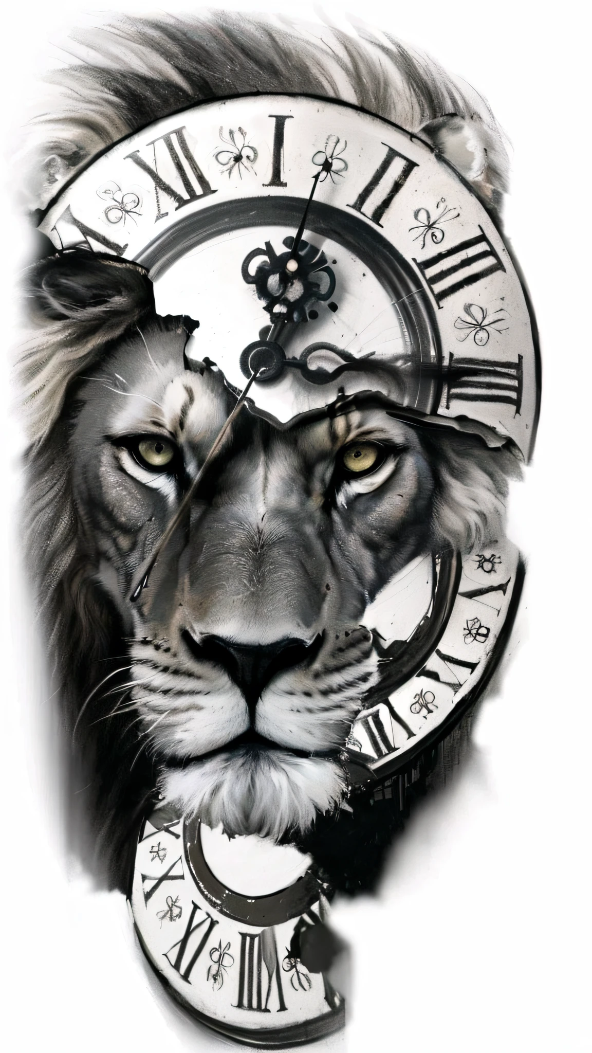 a close up of a clock with a lion face on it, realism tattoo design, half lion, realism tattoo drawing, 2 d full body lion, realism tattoo sketch, 3 d design for tattoo, realism tattoo, time is running out, extremely realistic, super intricate realism, beautiful and realistic, time does not exist anymore, time consumes us all, father time