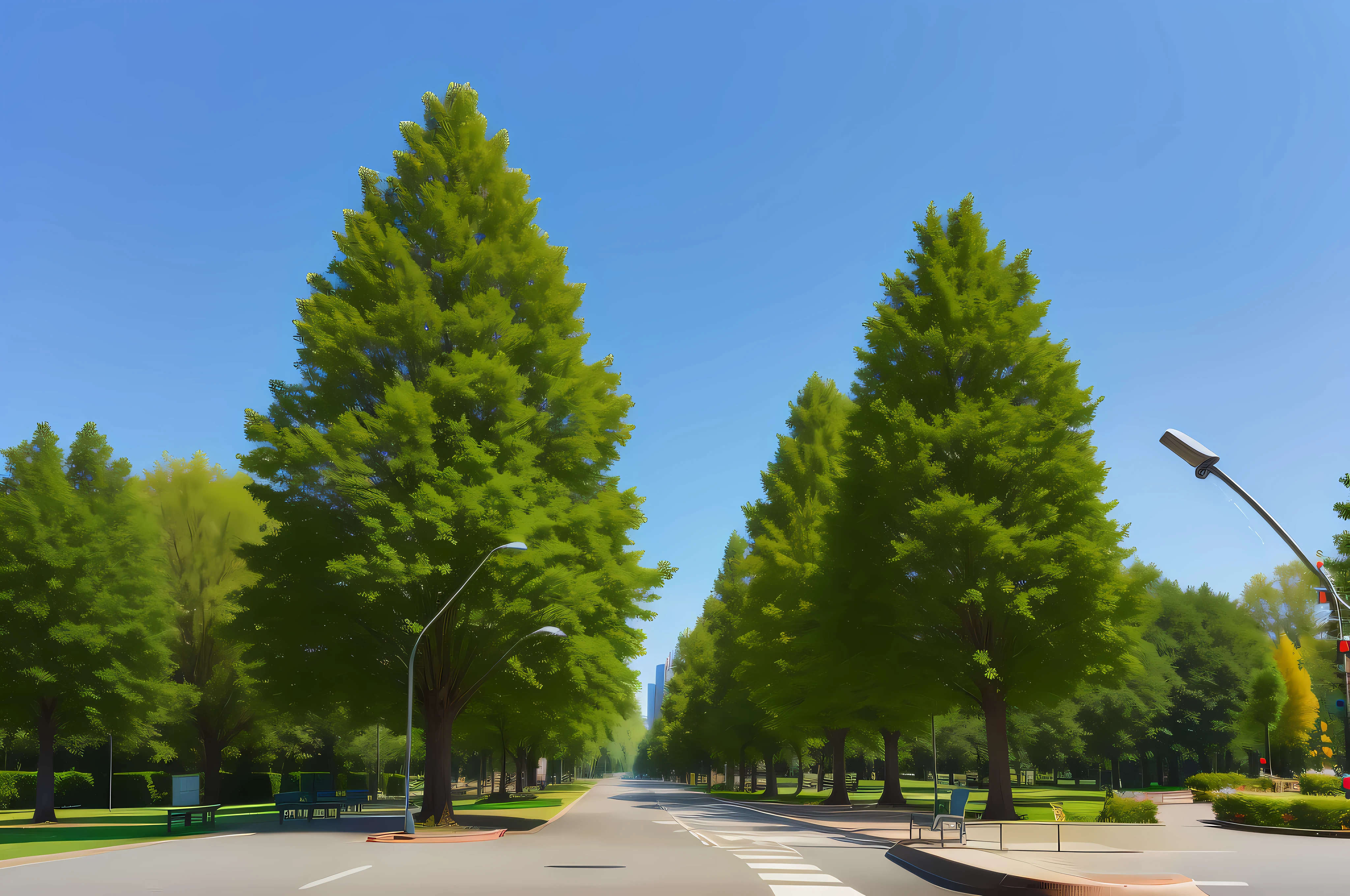trees line the road in a park with a bench and a water fountain, big green trees, linden trees, maple trees along street, green trees, park on a bright sunny day, large trees, trees outside, lots of trees, sunny day in a park, park landscape, lot of trees, many trees, the city is full of green plants