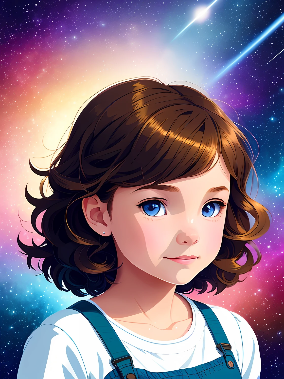 Draw a character for a children's book based on Disney characters. The character is a 5-year-old little girl, brunette, short haired and with a kitten's ear bow