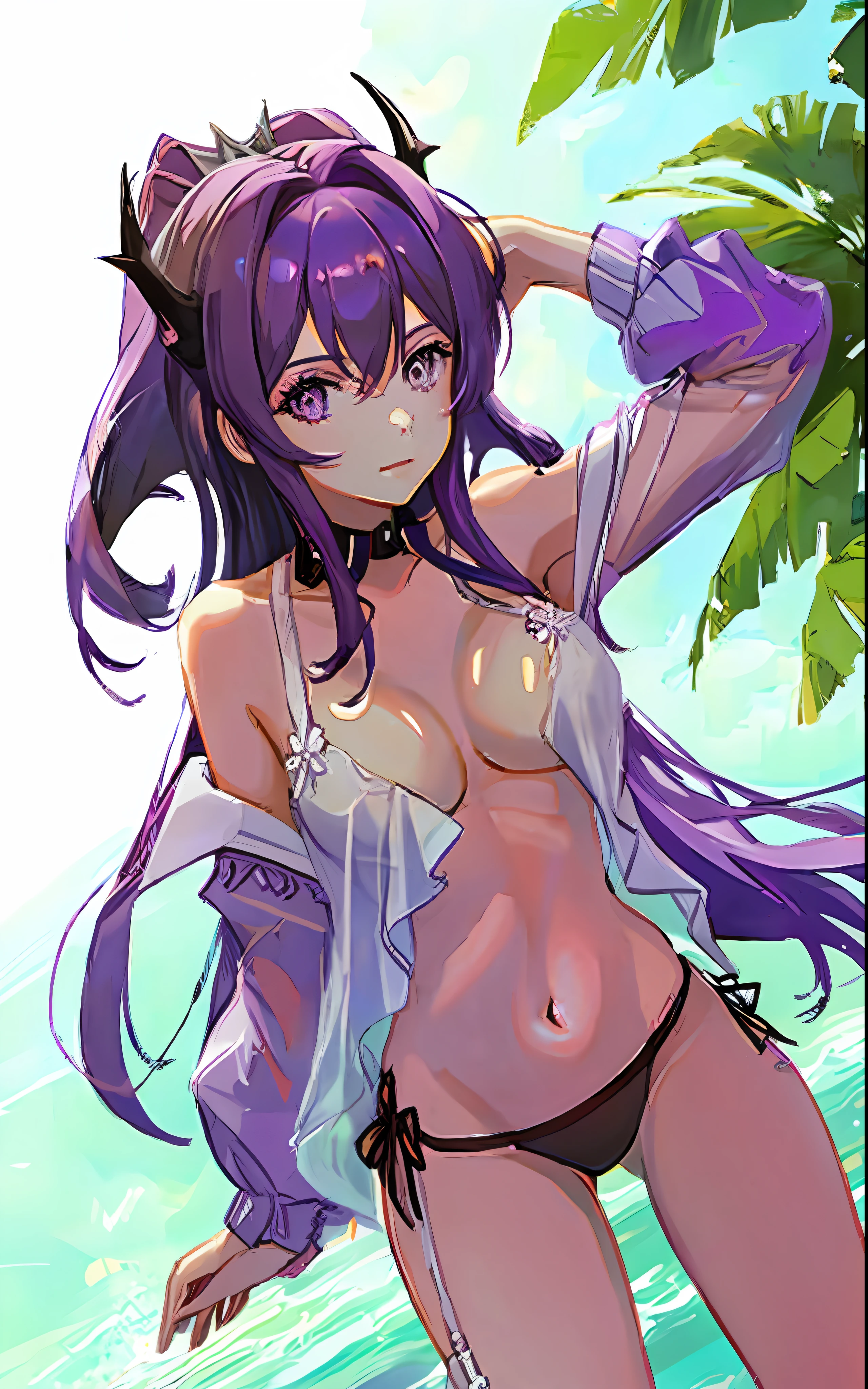 An 18-year-old girl with purple hair, taking off her white bra thus showing off her and with a white panties on her legs almost falling to the floor showing hers on a pink girl's bedroom background