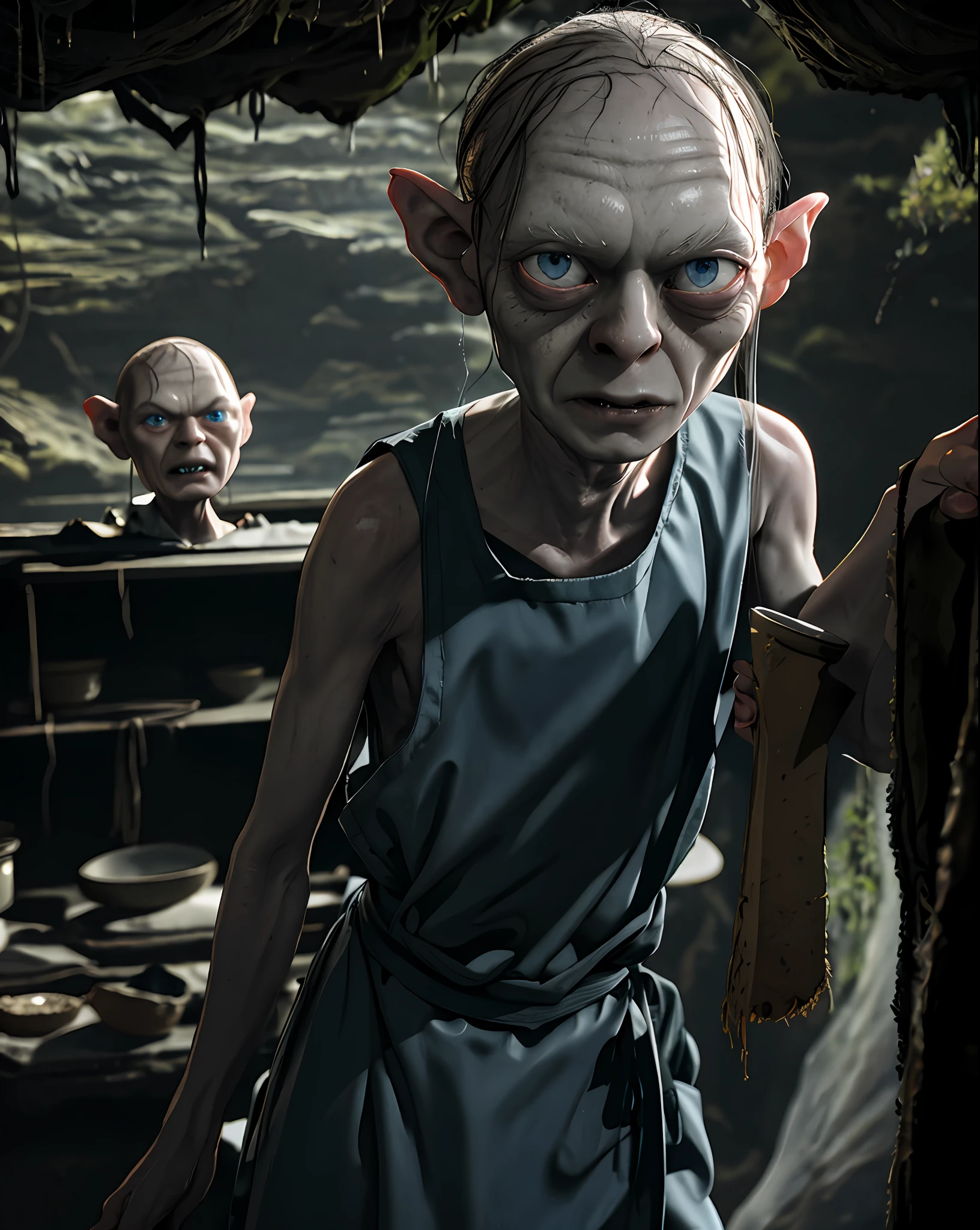 masterpiece, best quality, detailed, smeagol, a man with a weird face and a weird haircut, (thin:1.2), cavern background, (kitchen outfit:1.2), detailed face, looking at viewer, (upper body:1.2)