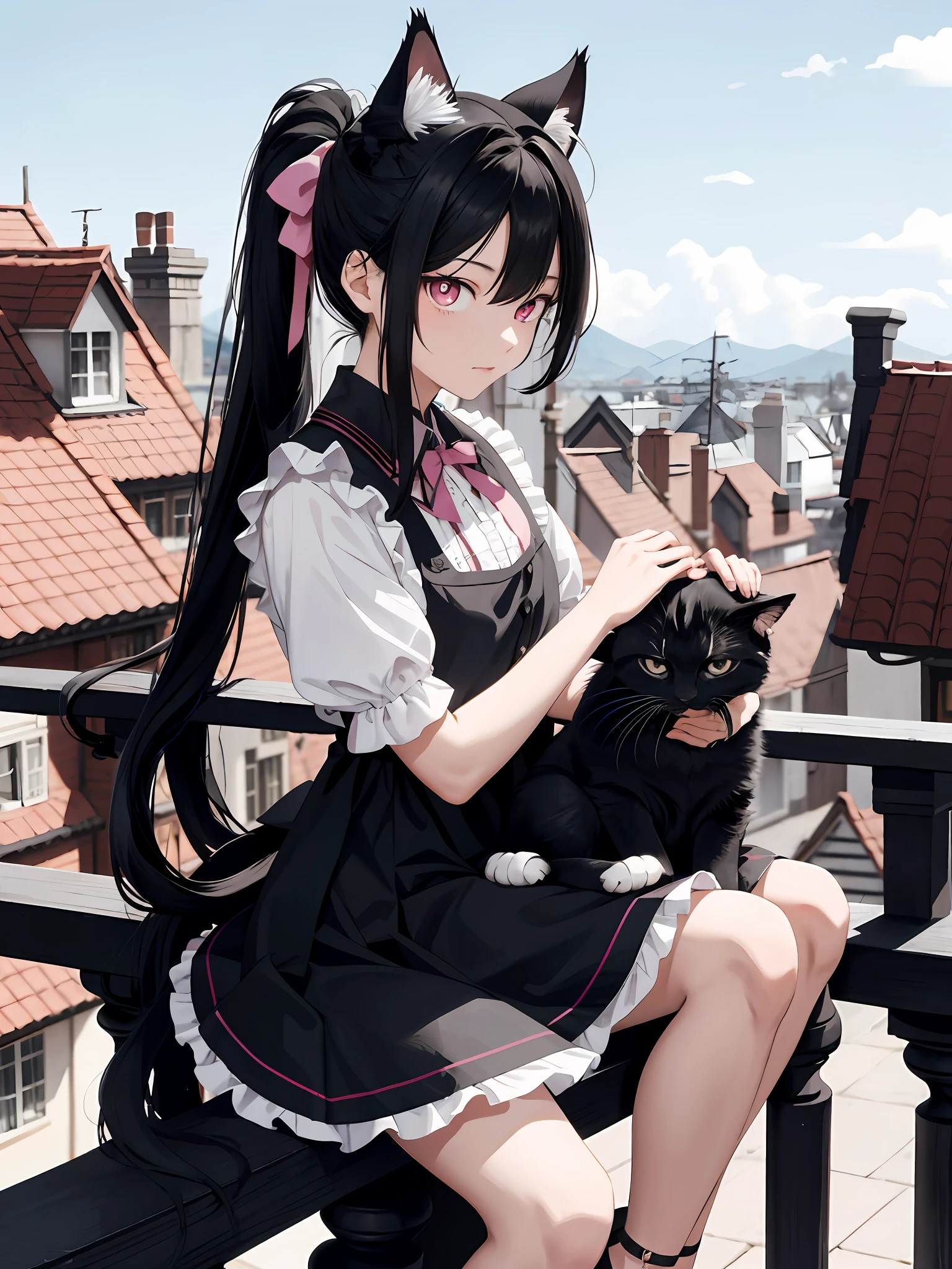 Long hair and double ponytail, black hair, cat lady, pink pupils, black maid outfit, hands holding calves, sitting on the roof railing, holding a delicate and beautiful magic sword, eyes are indifferent, long hair fluttering in the wind
