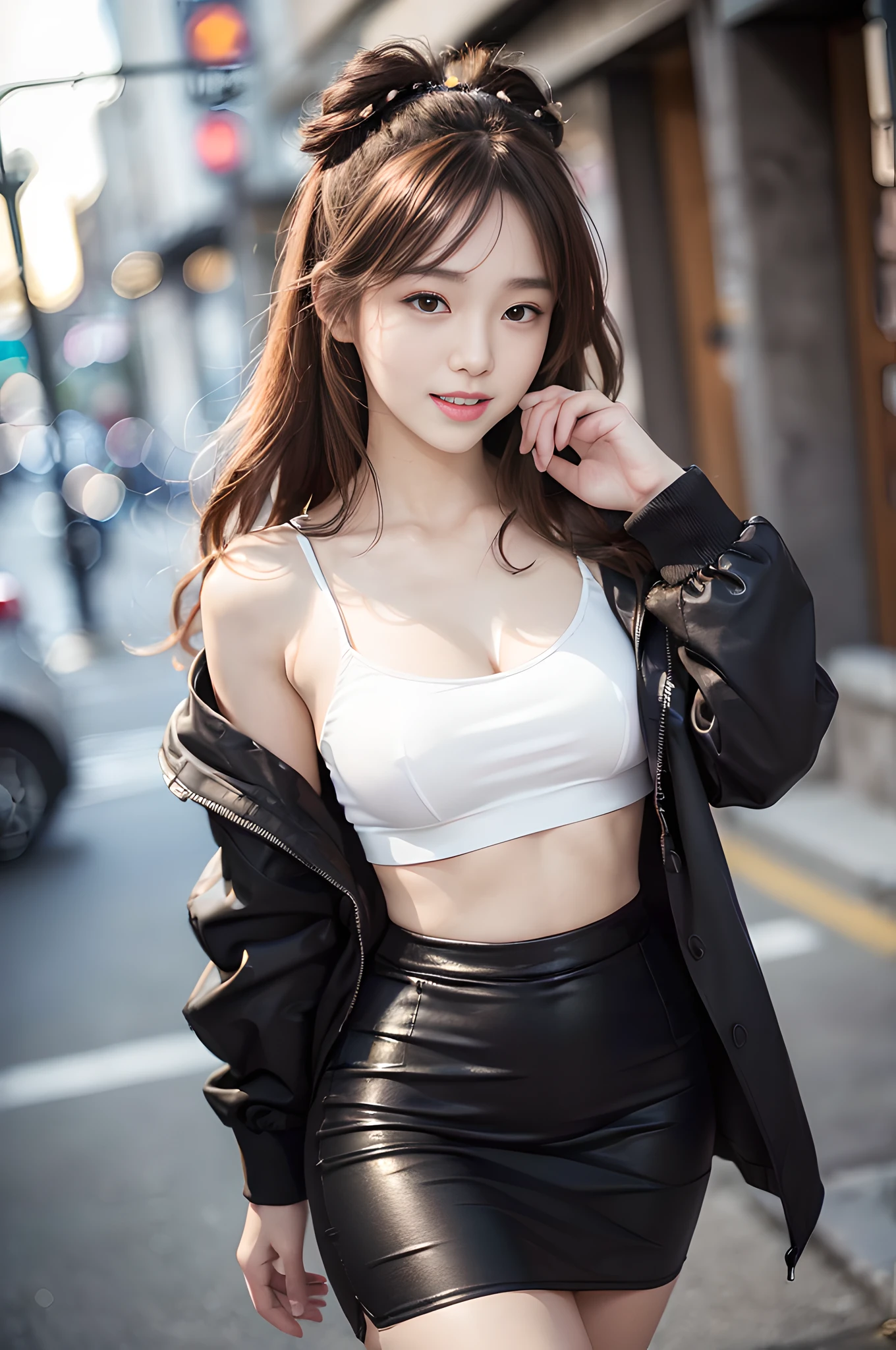 (Best quality, 8k, 32k, Masterpiece, UHD:1.2), (realistic:1.5), (masterpiece, Extremely detailed CG unity 8k wallpaper, best quality, highres:1.2), (ultra detailed, UHD:1.2), Photo of extremely cute and beautiful Japanese woman, (chestnut half-up hair:1.2), adult, (detailed beautiful girl:1.4), best quality, woman, adult, (black formal jacket:1.3), (white tube-top shirt:1.3), (black knee-length long pencil skirt:1.3), (Beautiful early morning street view background:1.2), embarrassed laughing:1, looking at viewer, facing the viewer, ((perfect female body)), (narrow waist:1.2), (cowboy shot), slender, abs, (large breasted:1.25),