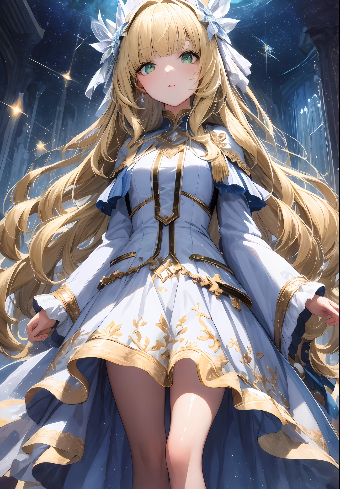 [(white background:1.5)::5], (rich in details), masterpiece, (crystal decoration, crystal pattern), (horrible atmosphere), Tindal effect, (Balance and coordination between all things), bony beauty, absurdity, plasma, particle effects, crystal clear texture, star_\(sky\), space, starry_sky, galaxy,

((masterpiece)), 1girl, solo, looking at viewer, from below, goddess, white dress, green eyes, beautiful detailed eyes, blonde beige hair, very long hair, long hair bangs, wavy hair