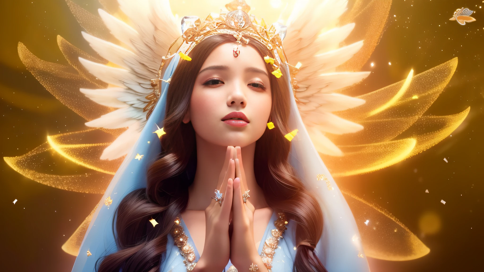 A woman with a crown and wings is praying, black hair, majestic holy woman, queen of heaven, beautiful goddess, angelic being ethereal of light, goddess of light, divine goddess, portrait of a beautiful angel, 3d portrait goddess, an impressive portrait of a goddess, beautiful angel, brilliant angelic being, goddess of love and peace, beautiful angel,  angelic halo, beautiful female angel