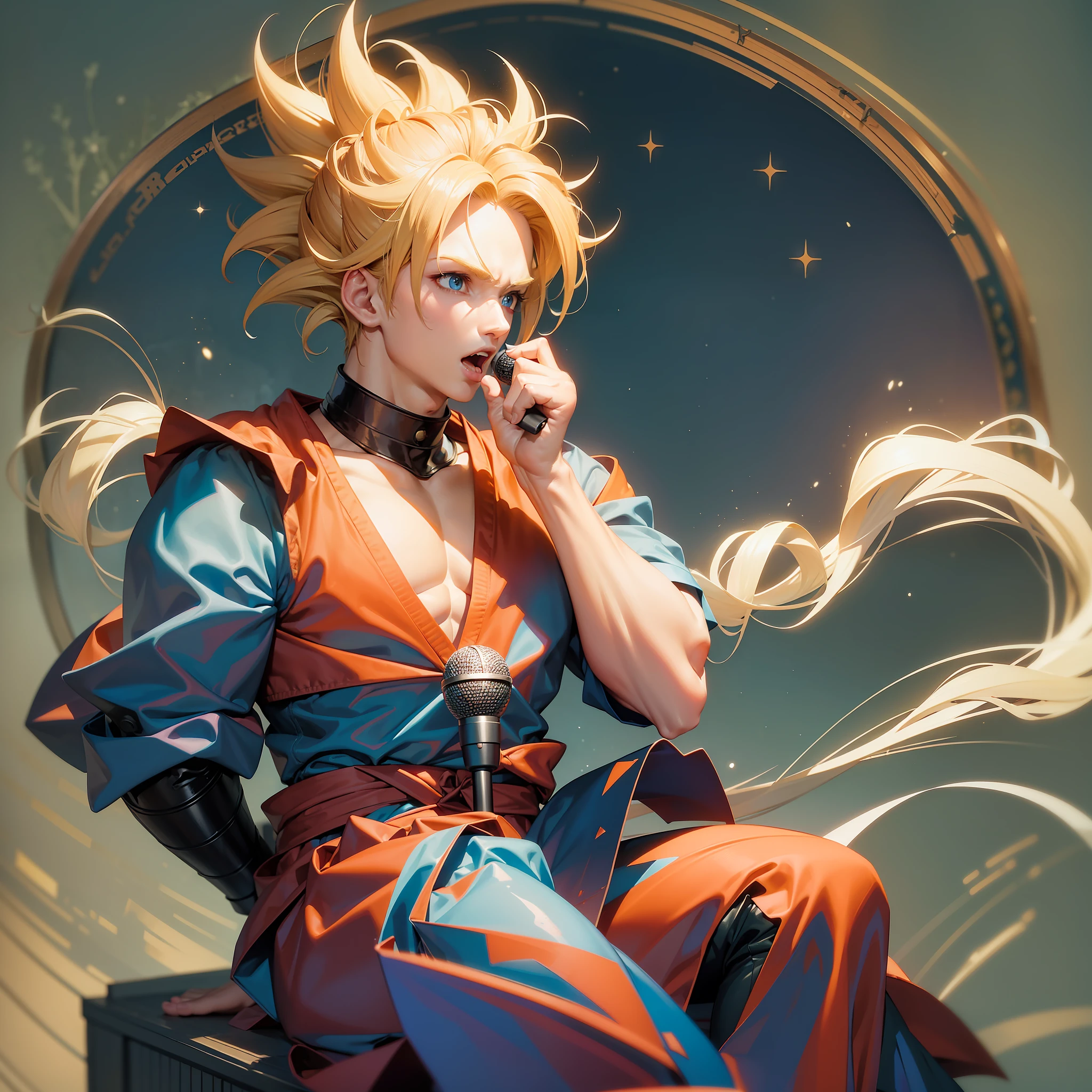 (masterpiece), (best quality), (ultra detailed), (8k),(1man), goku from dragonball, sitting on a chair, singing, a microphone in the hand, super saiyan, soft anime eyes, blue eyes, no face hair, blonde, spiky hair, hair up, dumb, muscolar