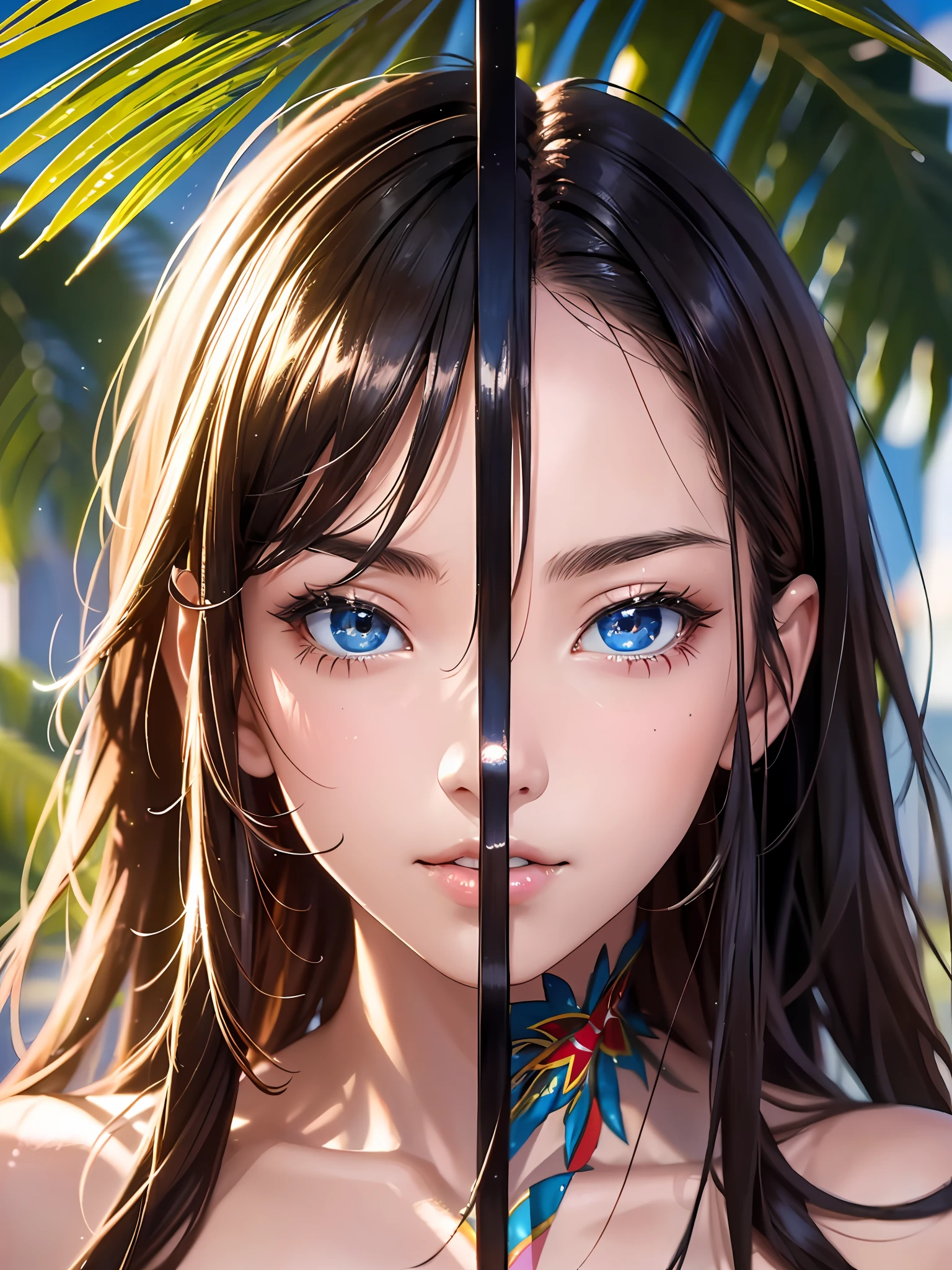 8k,masterpiece, bset quality,big, (2girl), shiny skin, shiny big, ((highest quality)), bikini, colorful, group photo, clear focus: 1.2, highly detailed face and skin texture, detailed eyes,