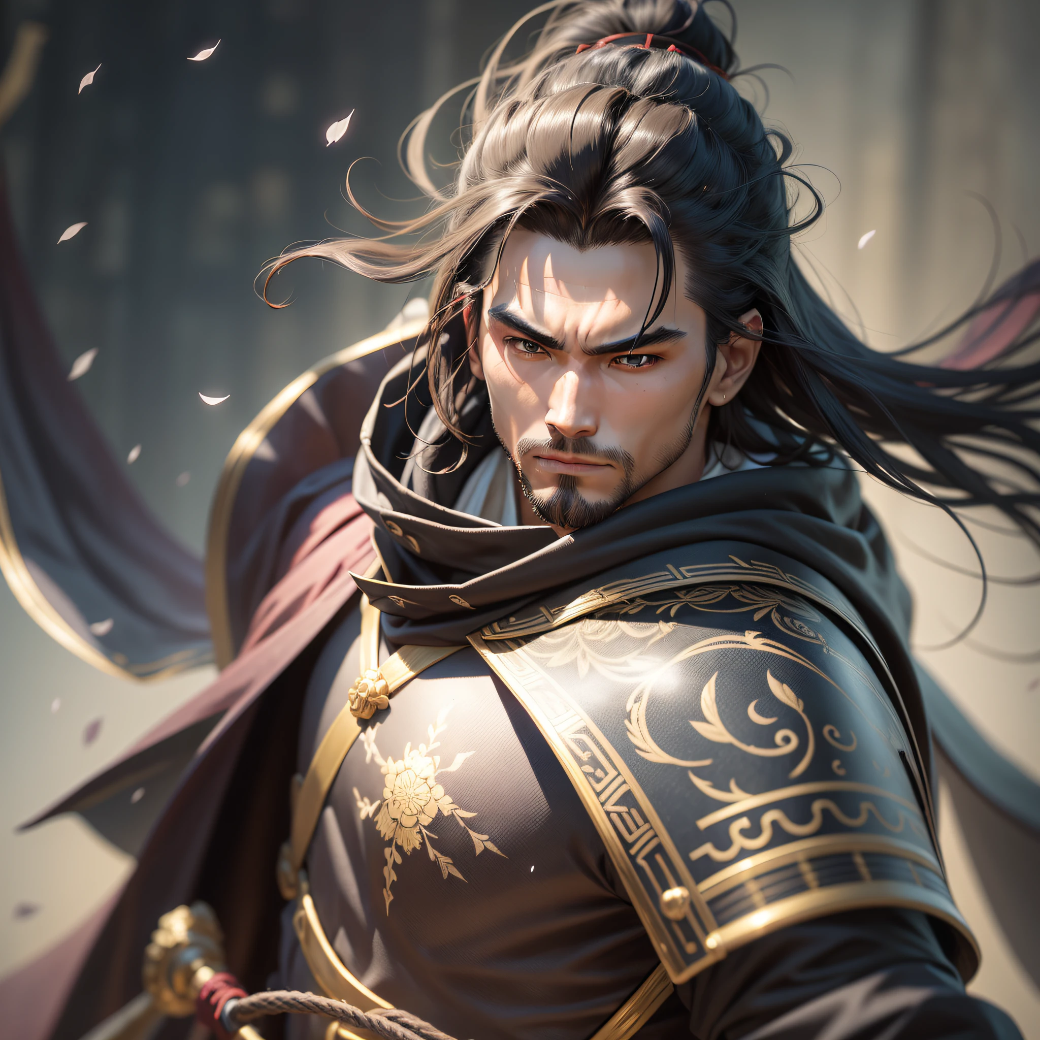 Please create an image of an imposing Japanese samurai. He is a man of Japanese origin, with dark hair that falls in tousled locks over his broad shoulders. His presence is striking, conveying a combination of strength, skill, and mystery., The samurai wears a traditional bamboo hat on his head, adding a distinctive touch to his look. The hat protects his face from the weather, allowing only his piercing green eyes to be visible, revealing an unwavering determination., Dressed in a black cape that covers his entire body, the samurai displays an aura of mystery and authority. The cape is long and flowing, fluttering around him with every graceful movement he makes. Subtle details, such as gold or silver embroidery, adorn the cape, denoting his importance and prowess in the martial arts., In the image, I would like the samurai to be in a traditional Japanese setting, such as a rock garden or a field of cherry blossoms. The golden sunlight highlights his figure, giving the scene a dramati, Realism, motion blur, cinematic lighting, chromatic aberration, glowing light, blurry, ray tracing, reflection light, bloom, Eye-Level Shot, Sony FE, Sony FE GM, UHD, super detail, high details, high quality, best quality, 16k