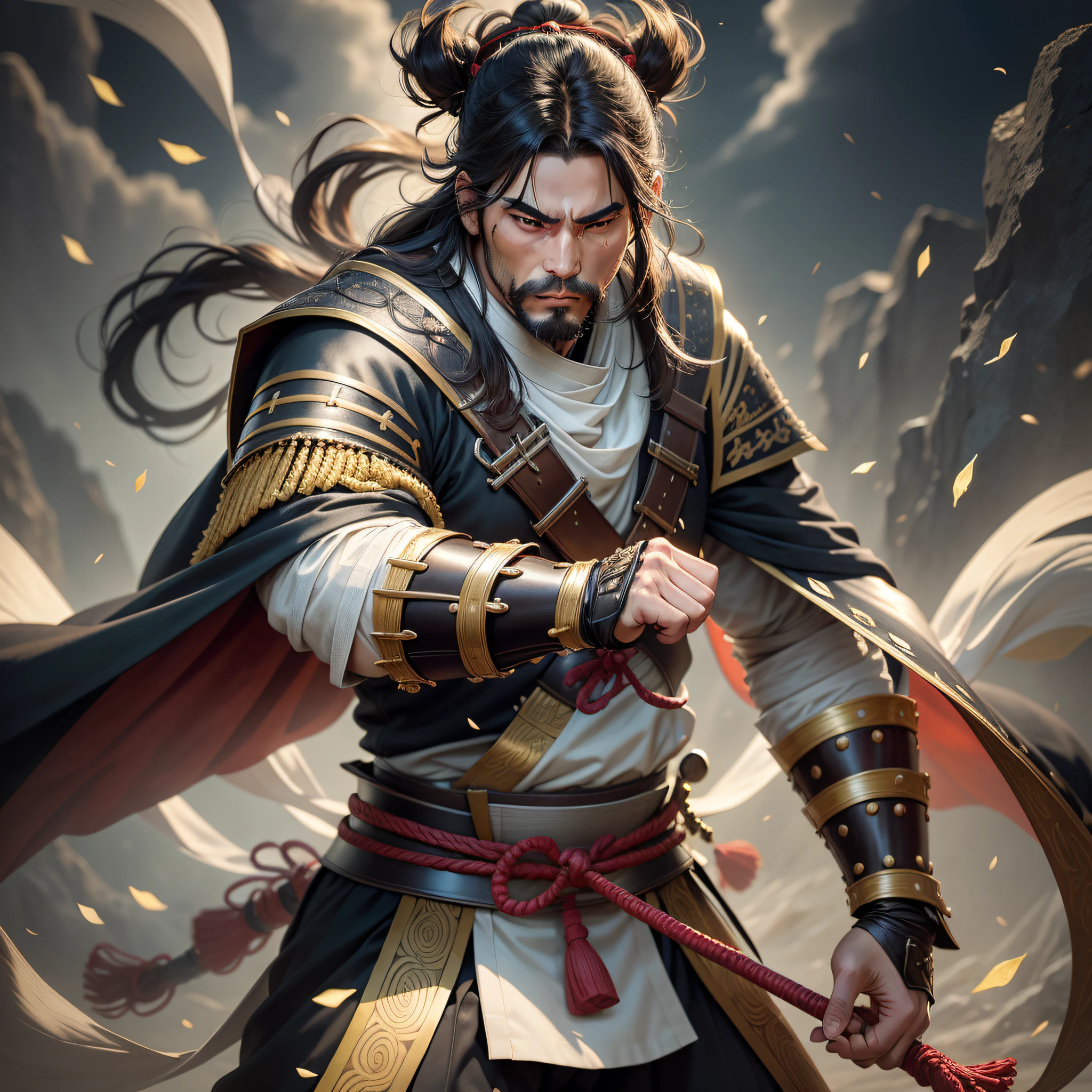 Please create an image of an imposing Japanese samurai. He is a man of Japanese origin, with dark hair that falls in tousled locks over his broad shoulders. His presence is striking, conveying a combination of strength, skill, and mystery., The samurai wears a traditional bamboo hat on his head, adding a distinctive touch to his look. The hat protects his face from the weather, allowing only his piercing green eyes to be visible, revealing an unwavering determination., Dressed in a black cape that covers his entire body, the samurai displays an aura of mystery and authority. The cape is long and flowing, fluttering around him with every graceful movement he makes. Subtle details, such as gold or silver embroidery, adorn the cape, denoting his importance and prowess in the martial arts., In the image, I would like the samurai to be in a traditional Japanese setting, such as a rock garden or a field of cherry blossoms. The golden sunlight highlights his figure, giving the scene a dramati, Realism, motion blur, cinematic lighting, chromatic aberration, glowing light, blurry, ray tracing, reflection light, bloom, Eye-Level Shot, Sony FE, Sony FE GM, UHD, super detail, high details, high quality, best quality, 16k