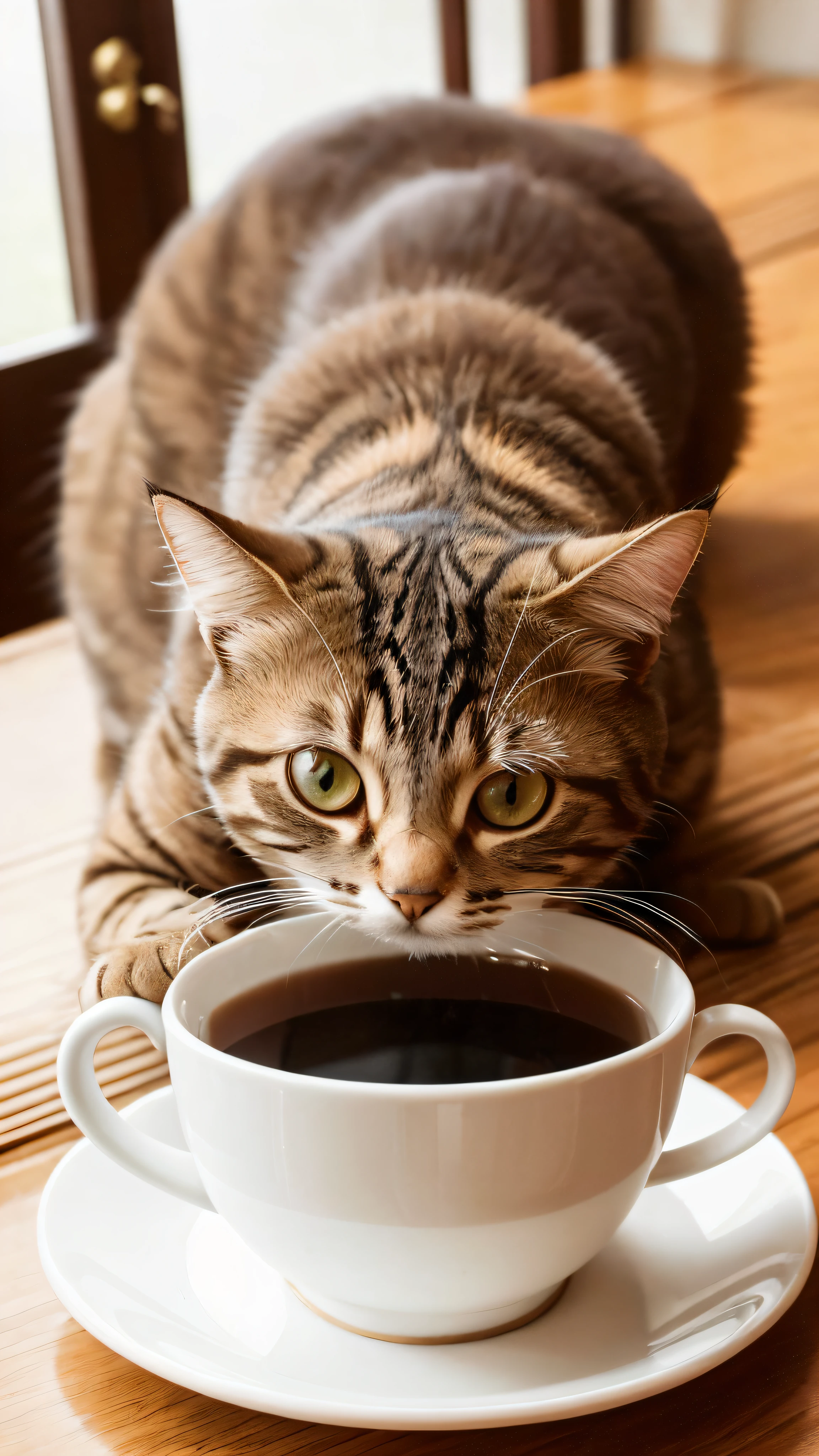 Cat, brown tigrade, in a cup of tea, Face, Front paws out, 8K, Professional photo, Delicate, Clear, On the table, Inside the house, Sun, Light leak, Masterpiece, (((Cute))), Fashion tea cup, (Reality), Stuffed toy, Round pupils