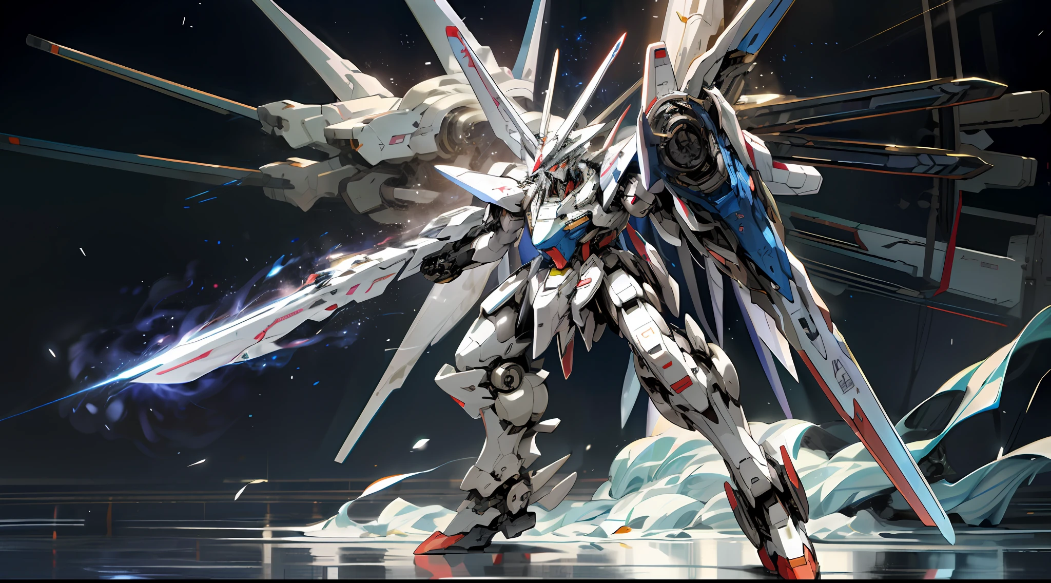 Surrealism, ray tracing, UHD, high details, 8k, best quality, textured skin, (1 Gundam mech), mecha dragon, masterpiece, best quality, mecha, unmanned, (full body), (white mech: 1.5), (axisymmetry: 1.4), (HDR), (movie light: 1.1), white eyes, cool, science fiction, fire, laser cannon beam, war, conflict, a spaceship mecha in background , (holding huge weapons: 1.5), holding oversized shields, mecha men, vector