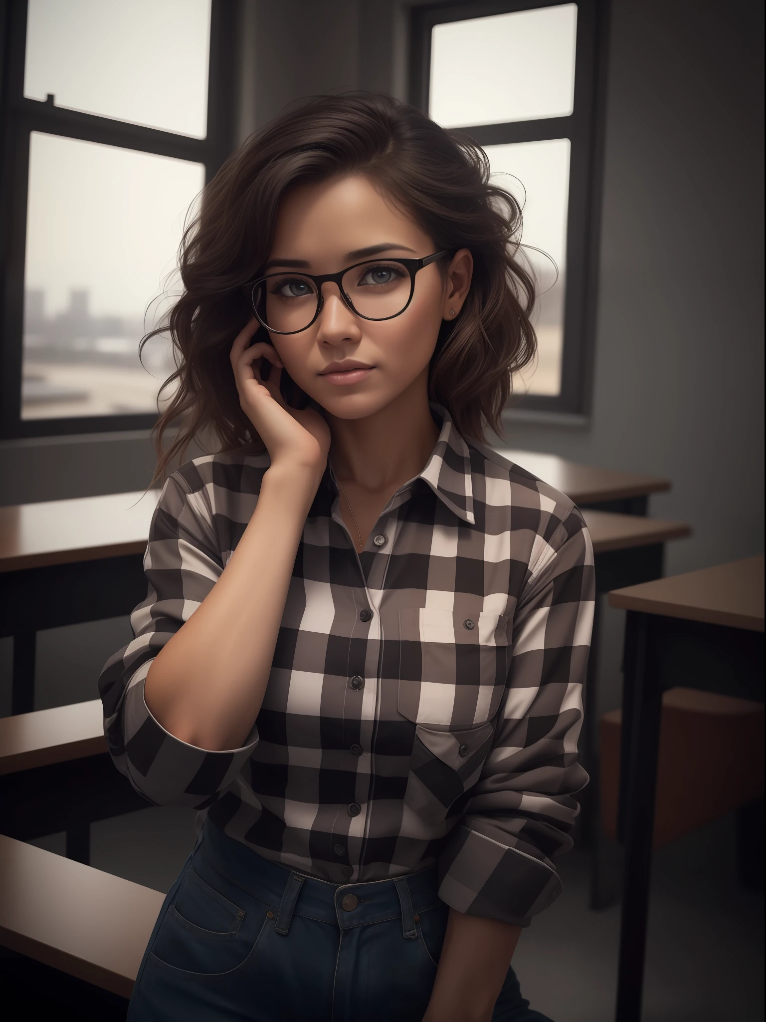 by lee jeffries nikon d850 film stock 4 kodak portra 400 camera f1.6 lens rich colors hyper realistic texture dramatic lighting unrealengine trend in artstation cinestill 800, face extremely detailed, realistic, best qualified, photorealistic, quality 8k, high ress, standing, (looking at camera), (1man, teacher, glasses, checkered shirt, messy hair), first-person view