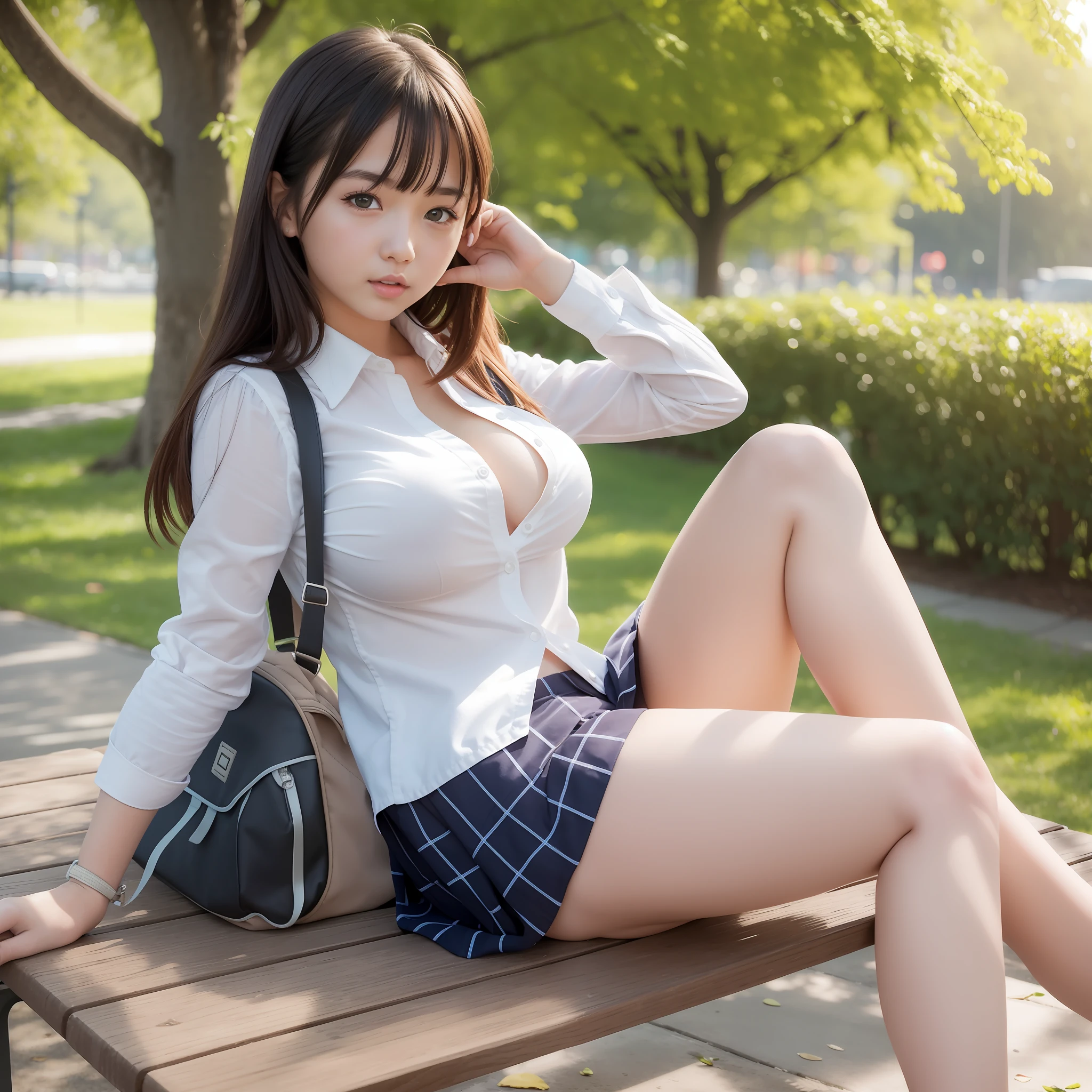 cute girl, school girl, ultra detailed face, open mouth, school bag, unbuttoned shirt, gigantic breasts:1.34, sitting on bench in park, leg spread, underwear exposed,
