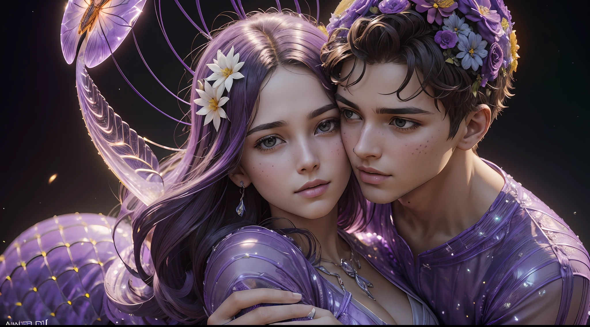 Incredible and spectacular scenes, ((high quality), (detailed), ((fantastic)), "purple plasma brain, purple plasma body, realistic, best quality, 4K, anthill with flowers and insects trapped in blisters on top realistic, (handsome teenager and beautiful girl hugging and kissing), full body portrait", image quality (3D rendering effect) , exquisite details,