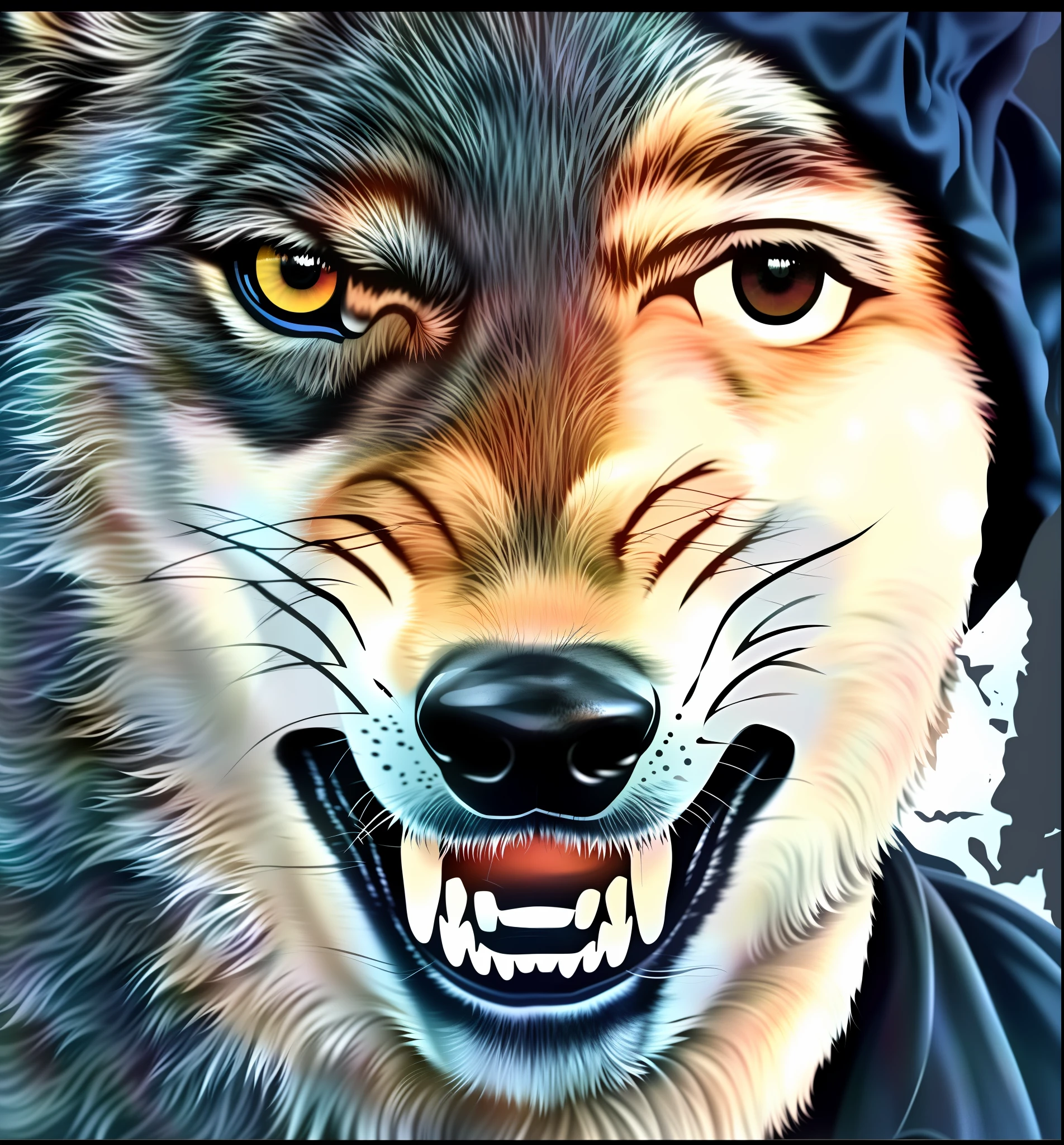 painting of a man with a wolf face and a hoodie, hyper detailed wolf - like face, ???????? wolf portrait, half man half wolf, half wolf, anthro wolf face, he has yellow wolf eyes, correct wolf muzzle, portrait of retarded wolf, angiewolf, 4 k hd fur face!!!, digital art animal photo, ✏️🎨