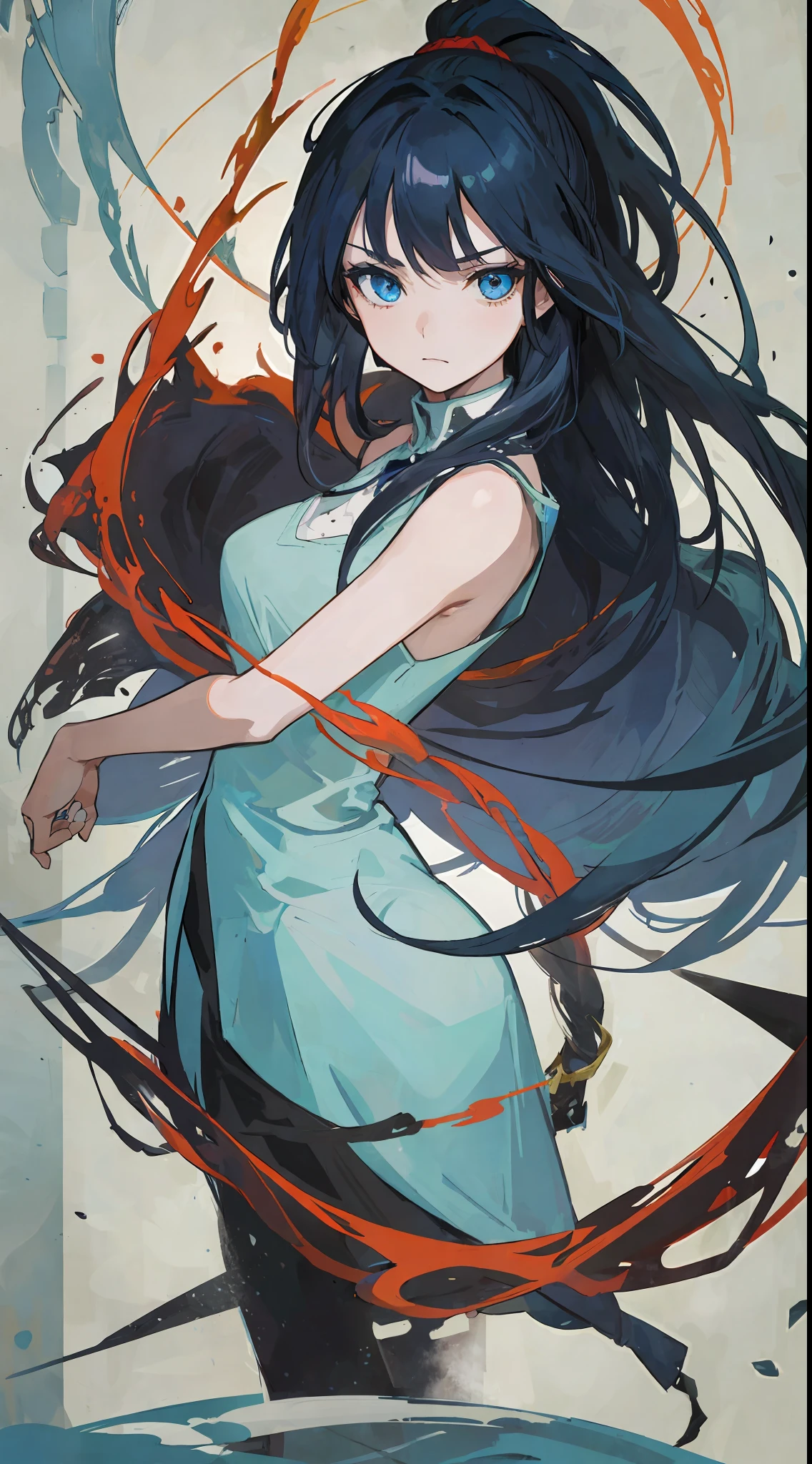1Girl, long dark blue hair in a ponytail, sharp light blue eyes, she is half demon, make it like tarot anime-style but no frame